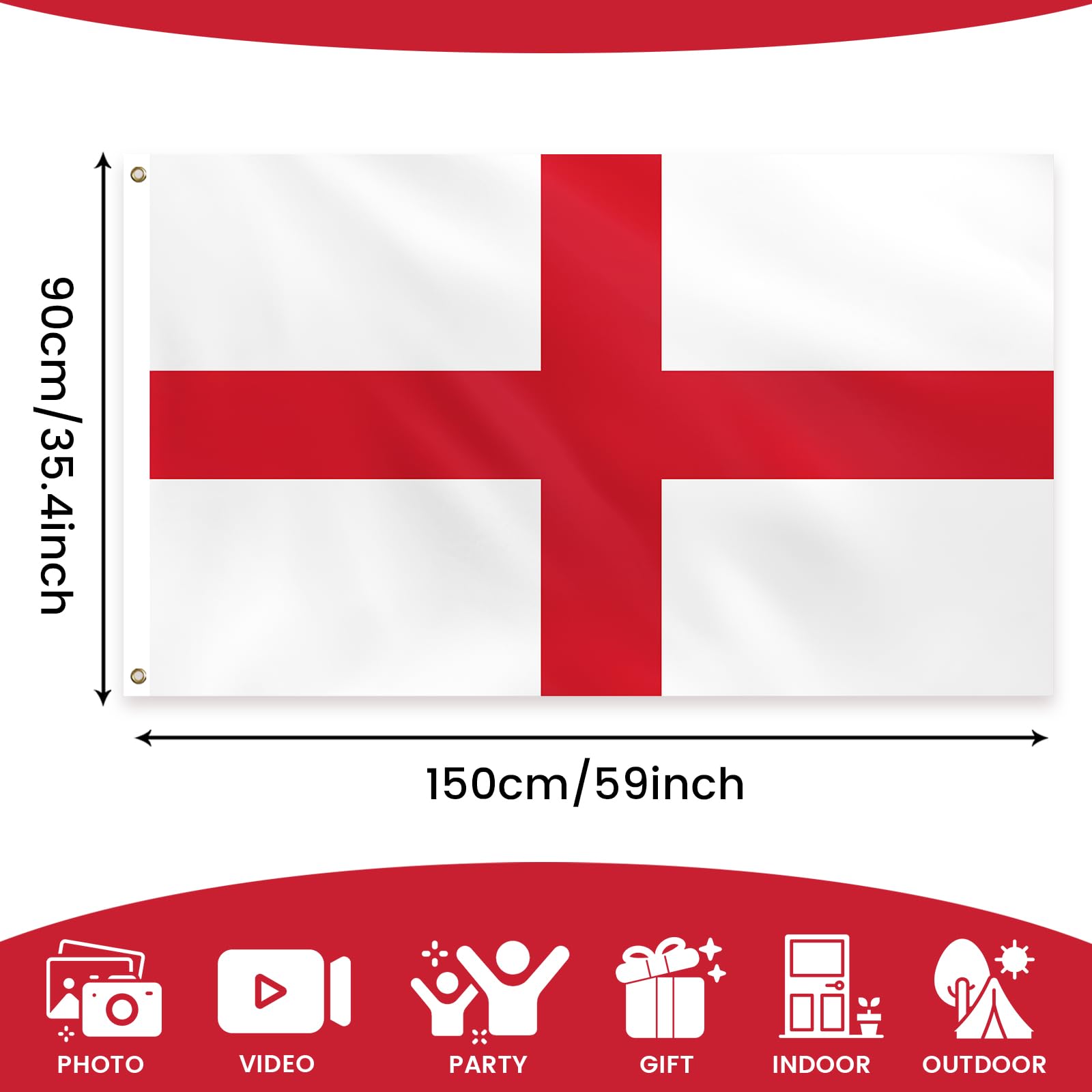 PartyYaa England Flag, 5ft x 3ft St Georges Flag for Party Decorations Single Side with 2 Brass Eyelets, Waterproof - Image 2