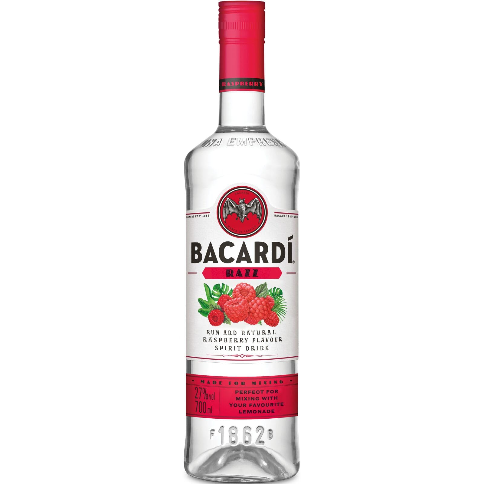 BACARDÍ Razz, 27% Vol., 70 cl / 700 ml, weißer Rum mit spritzigem Himbeergeschmack, weiche Noten reifer Himbeeren und saftige, herbe Zitrusfrucht
