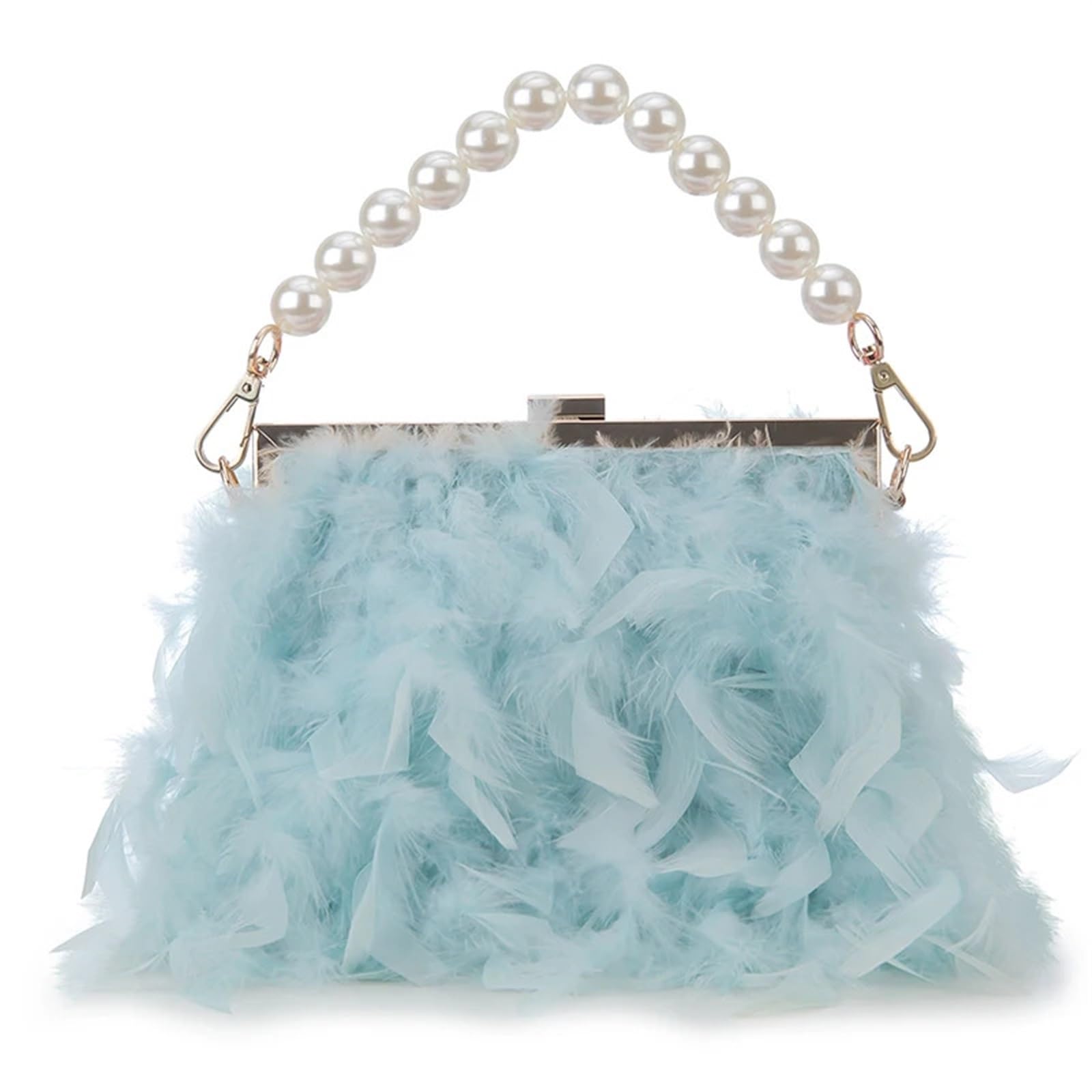 GSCLZ Feather Purses And Handbags For Women Party Evening Clutch Bag Shoulder Bag Pearl Chain Wedding Bag(Light blue)