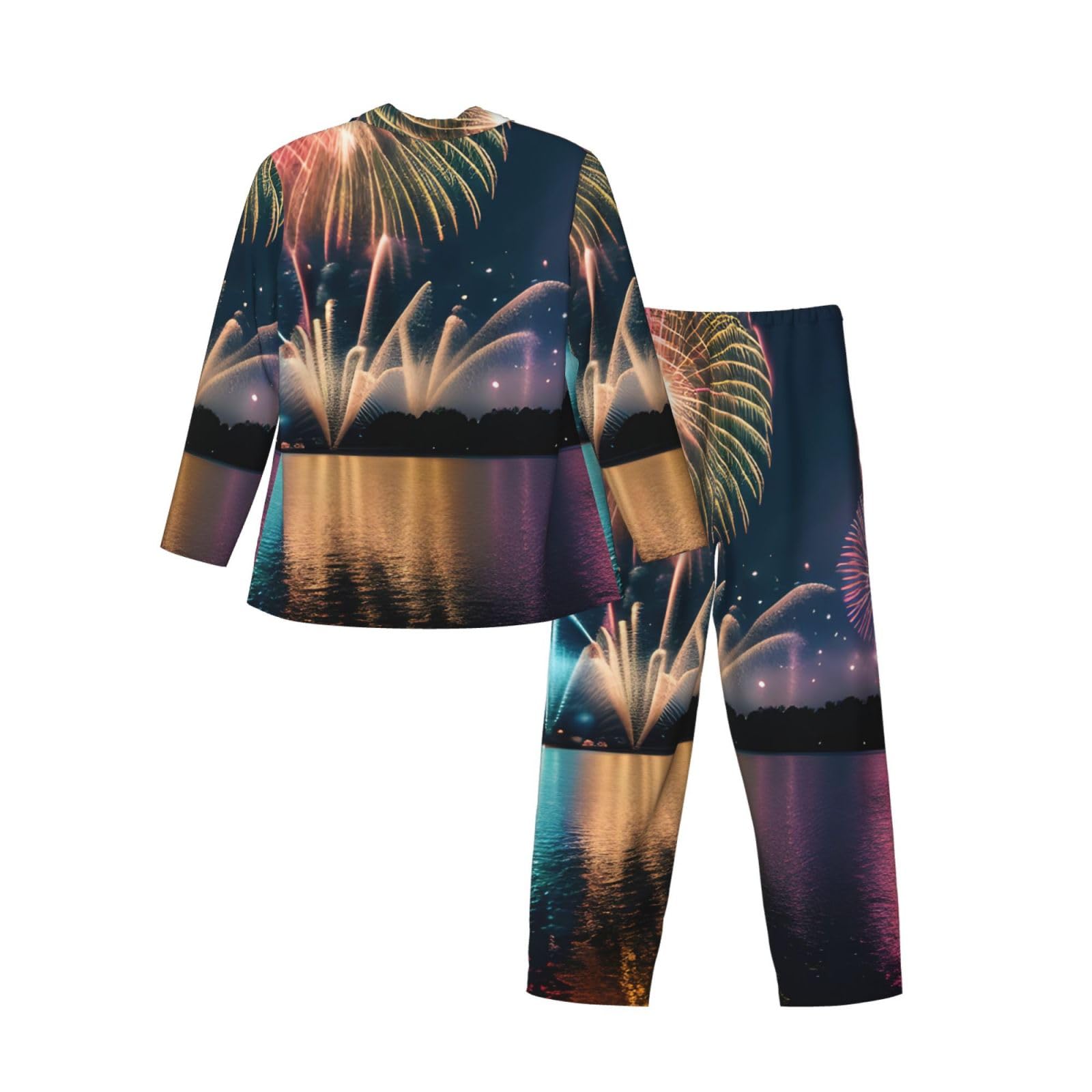 Herren-Pyjama-Set mit Feuerwerks-Aufdruck, langärmelig, zweiteilig, Hauskleidung, bequeme Nachtwäsche