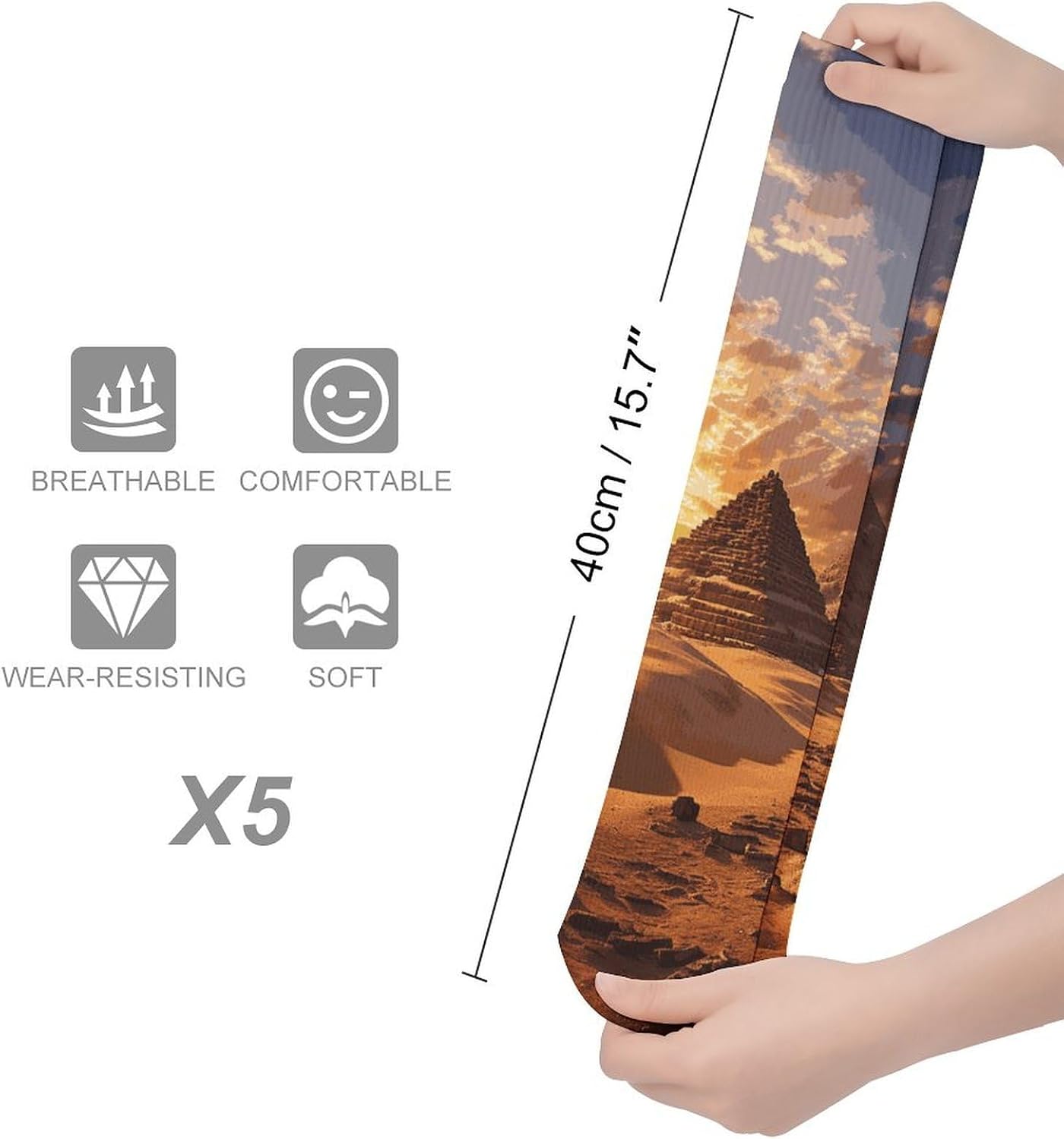 5-Pack Knee High Socks, 15.7 Inch Breathable Casual Socks Egyptian Pyramids Stockings for Men Women