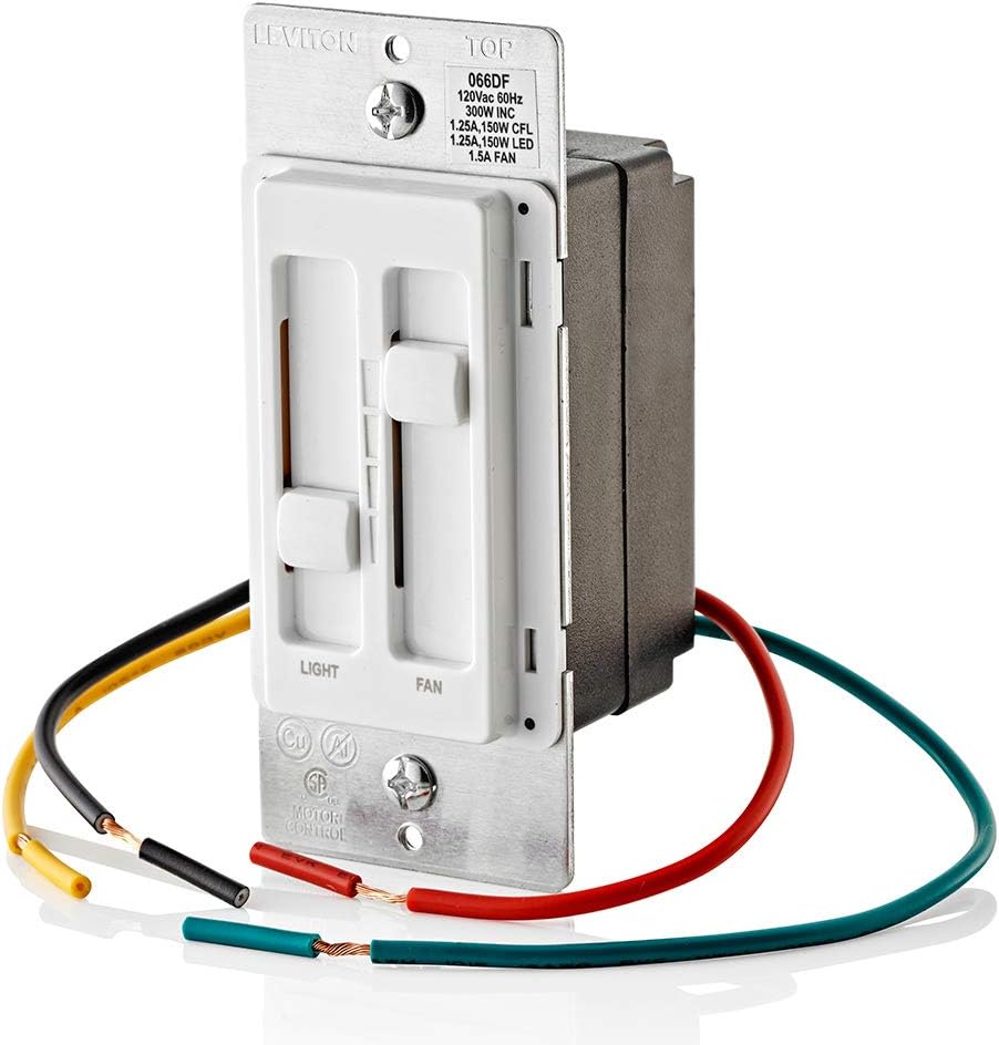 Leviton 66DF-10W SureSlide Dual Quiet Light Control for 150W LED, 300W Incandescent/Halogen, 1.5 Amp Fan, 120V, White - - 