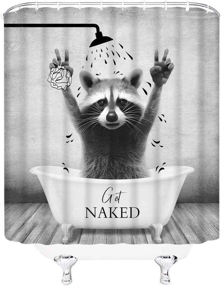 Raccoon Shower Curtain Funny Animal in The Bathtub Get Naked Grey Creative Fabric Bathroom Decor Curtains with Hooks, 70" Wx84 H