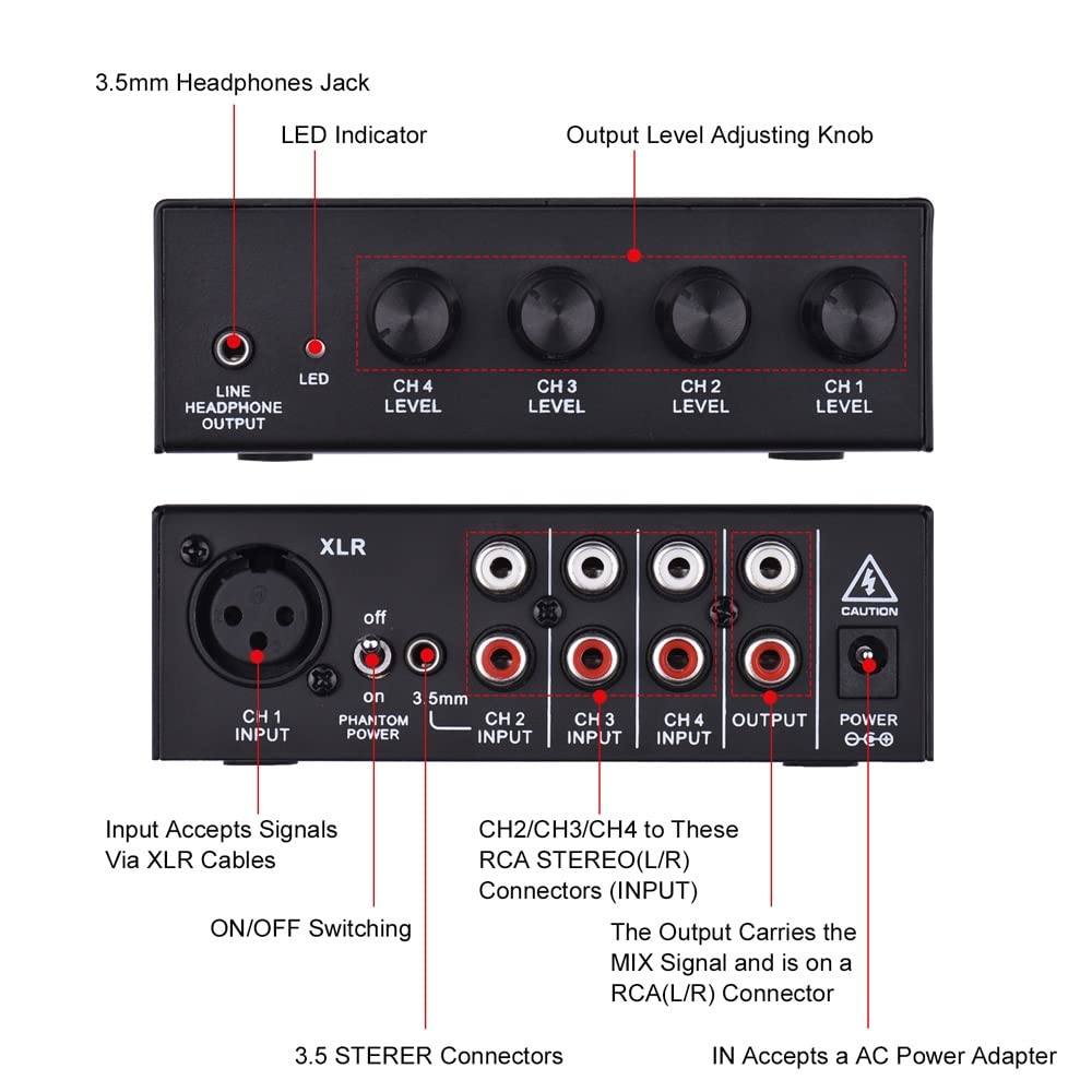 Mixer Stereo di Linea Sistema Audio Professionale Mini Mixer Stereo passivo a Quattro canali Mixer Audio Mono di Linea