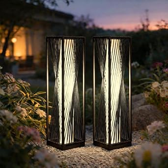 Solar Yard 2 Piece Outdoor Solar Floor Lamp Resin Wicker Solar Light Outdoor Waterproof for Yard, Garden, Pathway, Deck, Dazzle Dance Brown 2 Piece