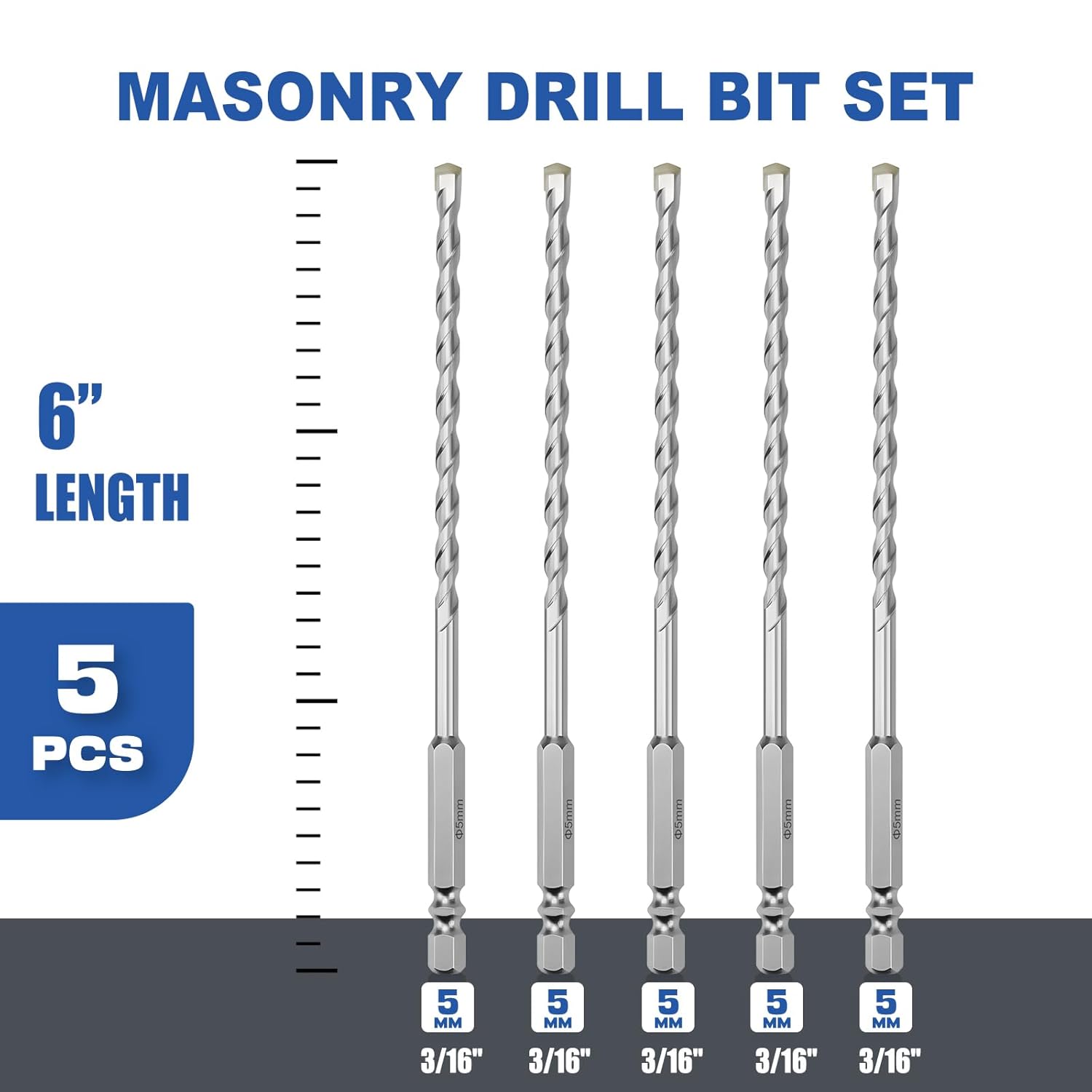 5 Pack 3/16"(5mm) Hex Shank Hammer Drill Masonry Bits, 6" Length Masonry Drill Bits for Concrete, Cement, Brick, Stone (5 Pieces, 3/16" x 6" (5x150mm))