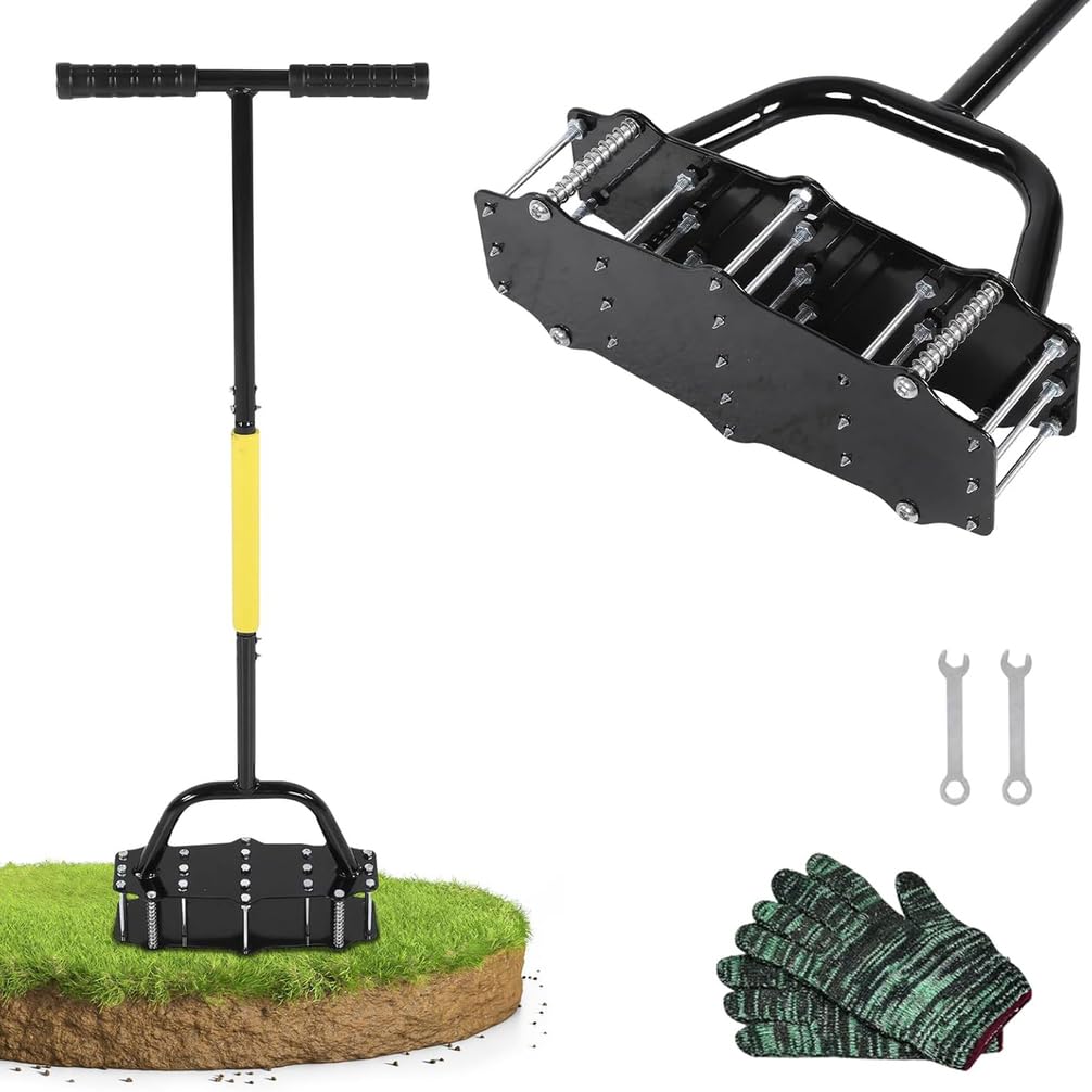 Aérateur de pelouse manuel - Outil de 100 cm avec 17 pointes en fer et 4 ressorts pour relancer les sols compacts dans les pelouses, les cours et les jardins