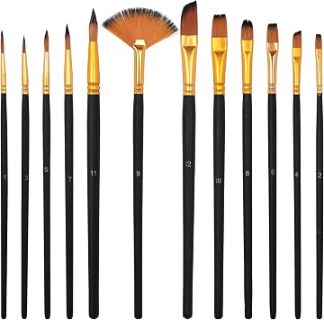 12 Pcs Artist Paint Brushes Set, Professional Watercolor Brushes with Round, Detail, Dagger & Wide Flat for Acrylic, Oil, Gouache, Ink Painting