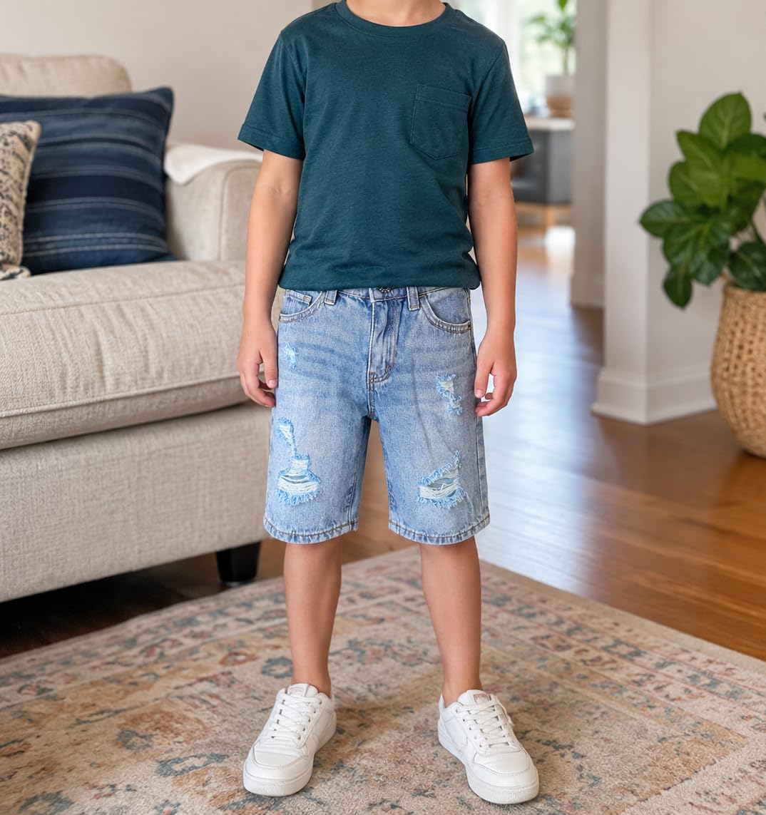 KIDSCOOL SPACE Baby Little Big Boys Pantalones Cortos de Mezclilla, Cintura elástica en el Interior Agujeros Rasgados Pantalones Vaqueros elásticos Ropa de Verano