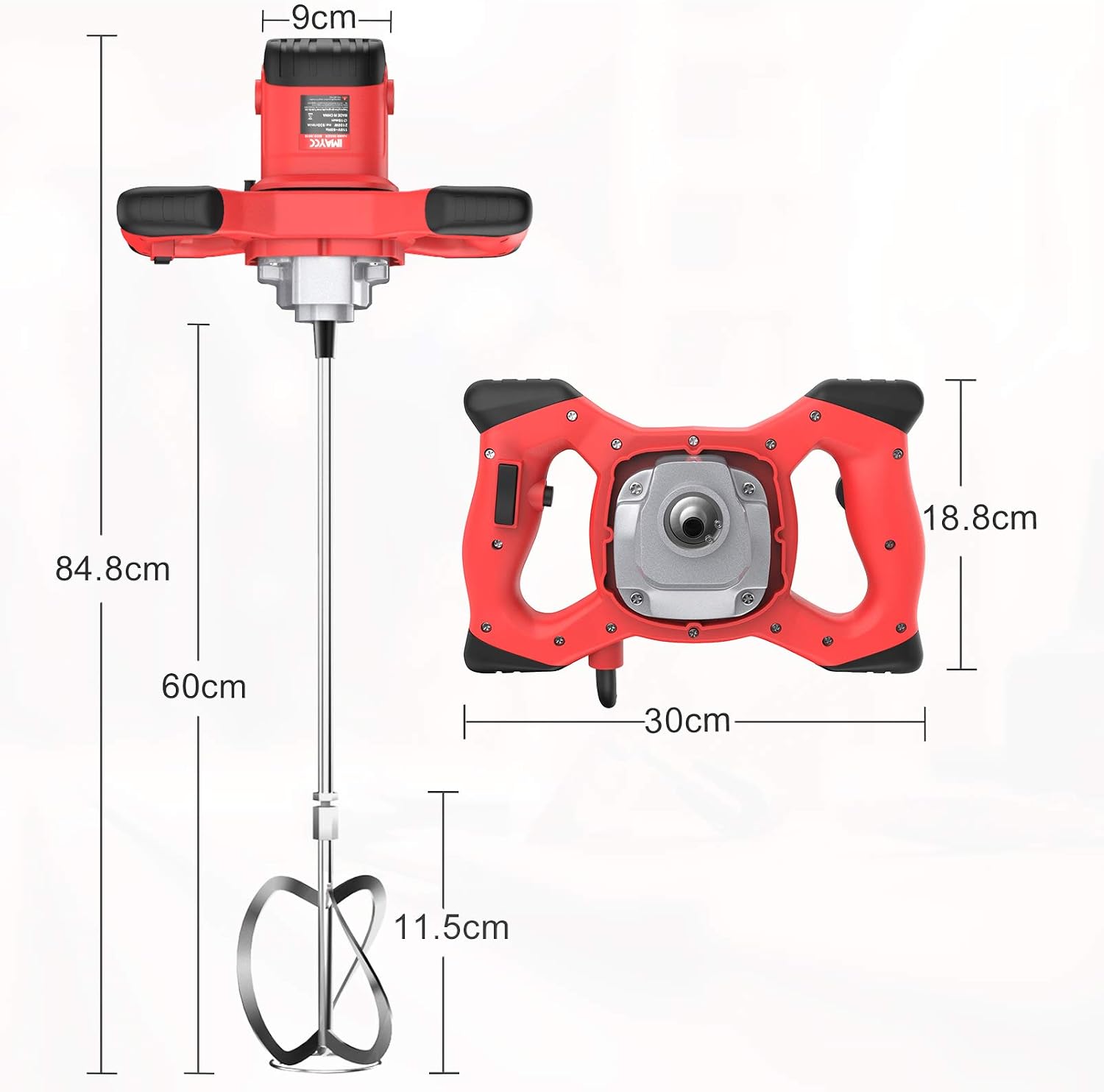 Dimensions of the IMAYCC mortar mixer and its mixing paddle, showing overall length, handle width, and paddle diameter.