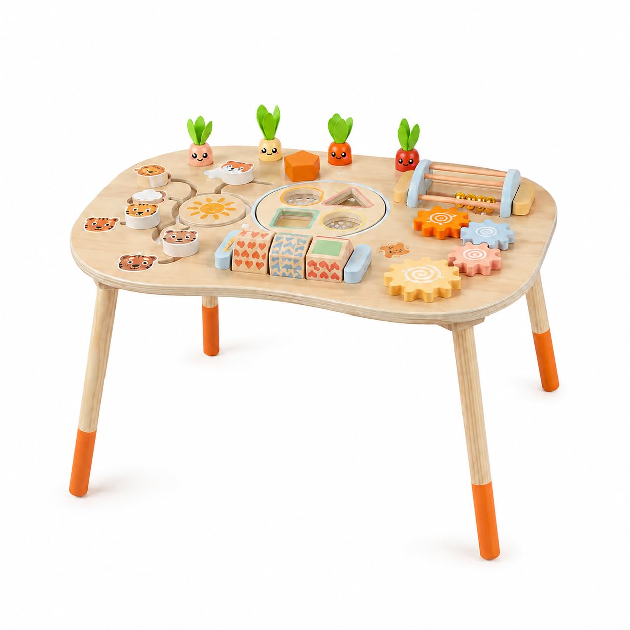 Montessori Aktivitätstisch aus Holz - Pädagogischer Spieltisch mit 6 Aktivitäten - Motorik & Formensortierer - Holzspielzeug ab 1 Jahr