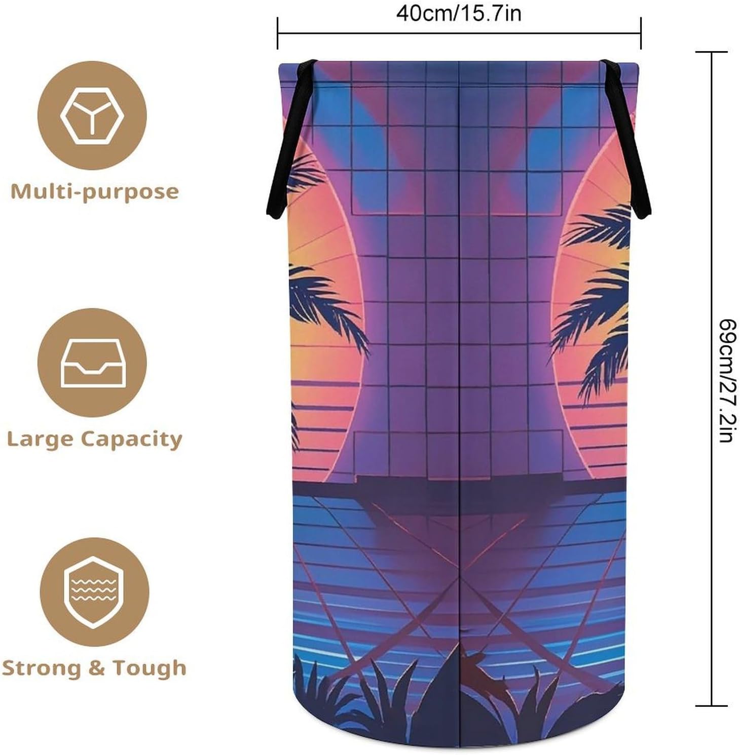 Palm Tree Sun And Grid Laundry Hamper Large Collapsible Laundry Basket with Handles Waterproof Clothes Hamper Portable Dirty Clothes Basket for Bedroom Laundry Room Closet Bathroom