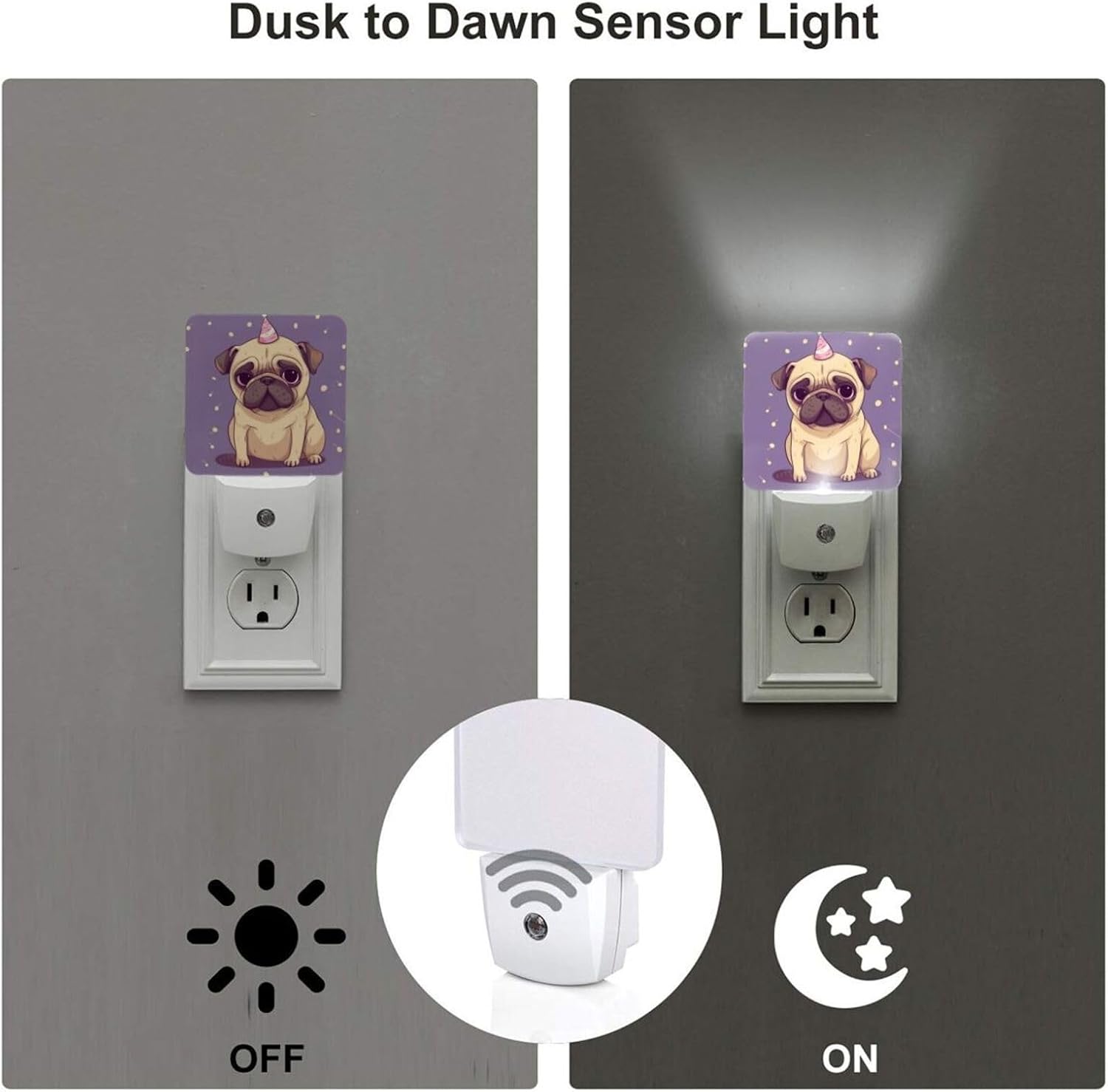 Funny Cartoon Pug Puppy Dog Night Light, Plug-in Wall Led Night Lamp with Dusk-to-Dawn Smart Sensor Lamp for Boys Girls Bedroom Living Room Hallway Kitchen 0.5w image 3