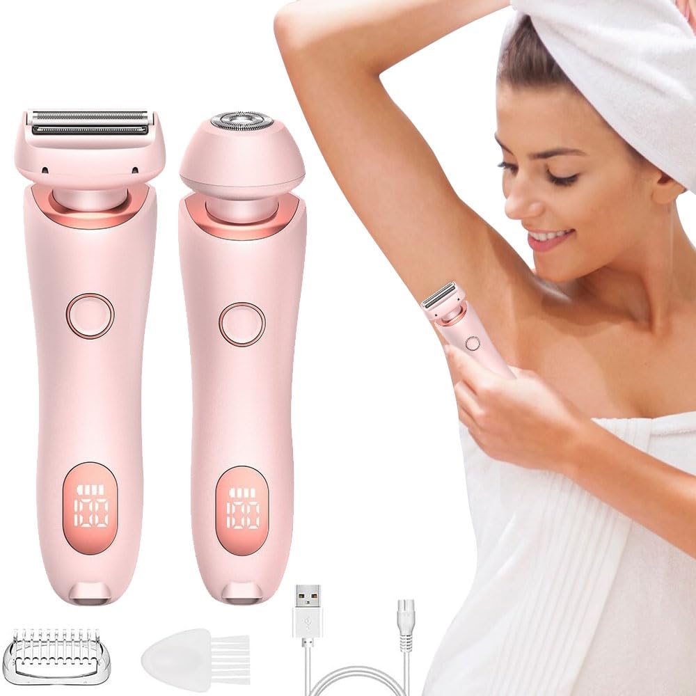 2 in 1 Lady Shavers, Wet/Dry Electric Razor for Painless Trimming of Pubic Face, Underarm, Legs - Detachable Head (Pink)