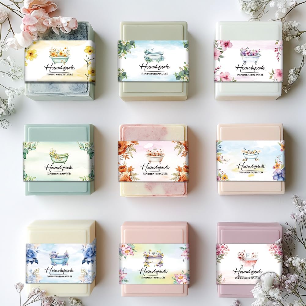 PH PandaHall 90pcs Bathtub Flowers Soap Wrappers for Homemade Soap, 9 Styles Watercolor Floral Soap Labels Plant Soap Packaging Paper for Handmade Soap Lotion Bars Bath Gift Wrapping, 8.3x1.97inch