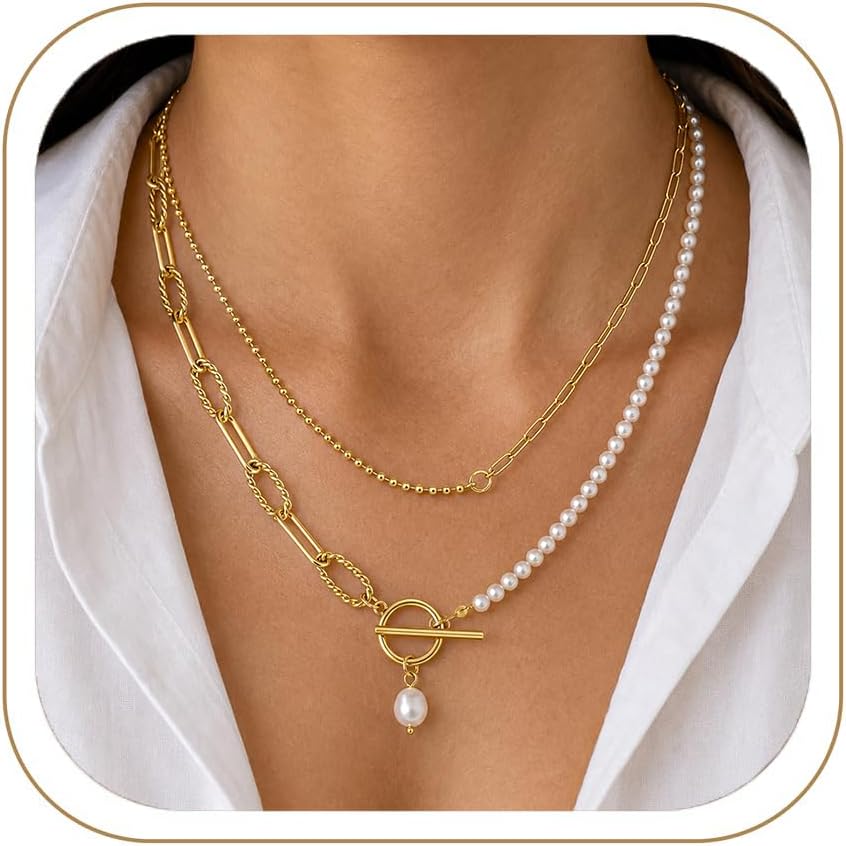 Layered Pearl Necklace for Women - 14K Gold Plated Beaded Pearl Link Paperclip Toggle Clasp Necklace, Dainty Trendy Layered Choker Chunky Jewelry, Fashion Gifts for Women