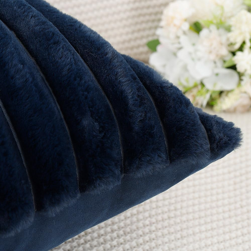 MADIZZ Set of 2 Faux Wool Plush Decorative Throw Pillow Covers 18x18 Inch Dark Blue Fluffy Striped Soft Decorative Cushion Cover for Sofa Bedroom Pillow Shell - Image 5