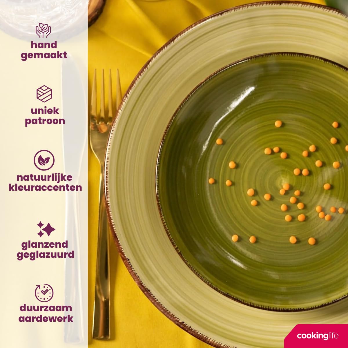 Cookinglife Vajilla verde 18 piezas / 6 personas – 6 platos llanos, 6 platos hondos y 6 platos de desayuno