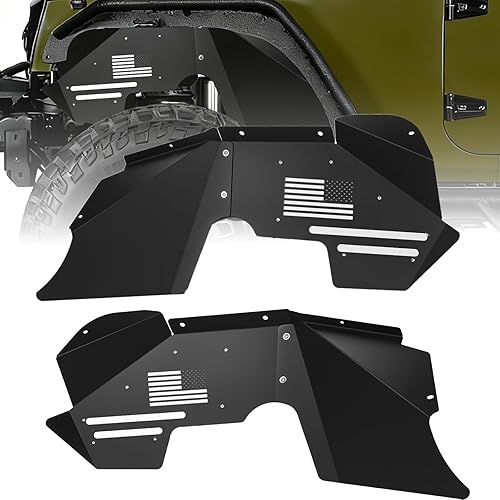 Front Inner Fender Liners for Jeep Wrangler JK/JKU 2007-2018, High-Strength Carbon Steel Wheel Well Covers, Powder Coated, Bolt-On Installation, Engine & Body Protection, 2 PCs (Flag Pattern)
