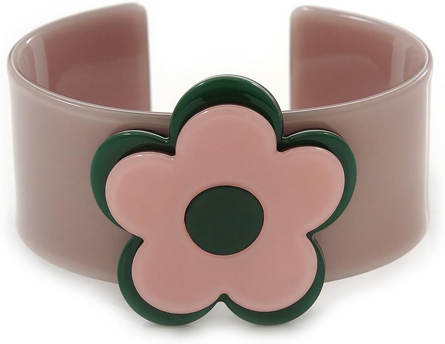 Avalaya Beige, Light Pink, Dark Green 'Modern Flower' Acrylic Cuff Bracelet - 19cm L