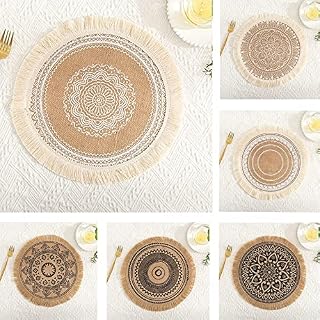 RIPETIC Boho Round Braided Placemats,Table Mats Farmhouse Cotton Woven Heat Resistant Washable with Tassel Circle Place Mat for Dining Wedding Kitchen Decoration ( Set of 6 ,15 Inch ) (Tassel)