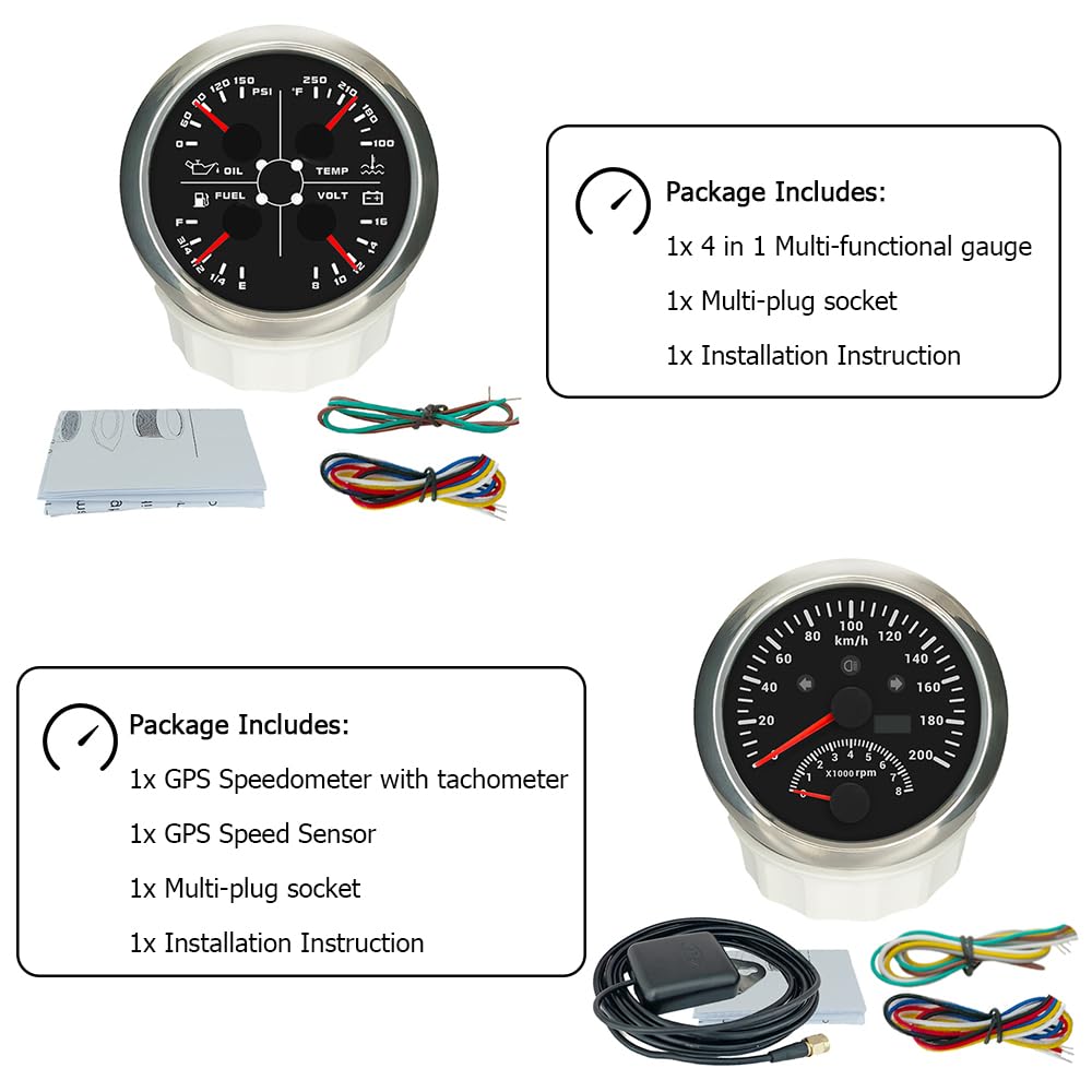 ELING Gauge Set 85mm 2in1 Multi-Function Gauge Speedometer GPS 0-200km/h Tachometer 8000RPM Fuel Level Water Temperature 100-250℉ Oil Pressure Voltmeter 12V 24V for Auto Truck Vessels