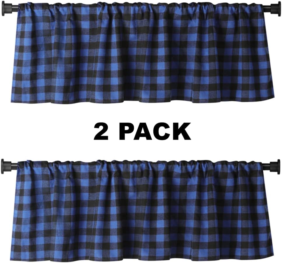 2 Pack Buffalo Check Plaid Cotton Window Valances White and Blue Farmhouse Design Window Treatment Decor Curtains Rod Pocket Valances for Kitchen/Living Room 16" x 56"
