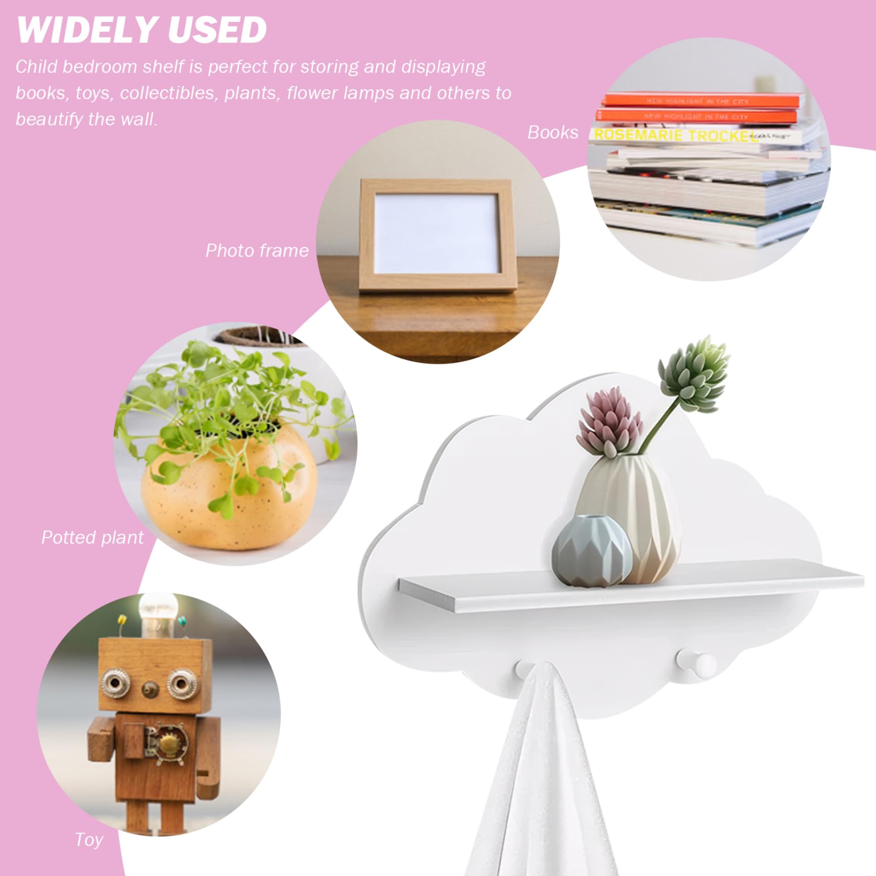 Set di 3 mensole galleggianti a forma di nuvola bianca, con appendiabiti, per cameretta dei bambini, accessori decorativi per mensole