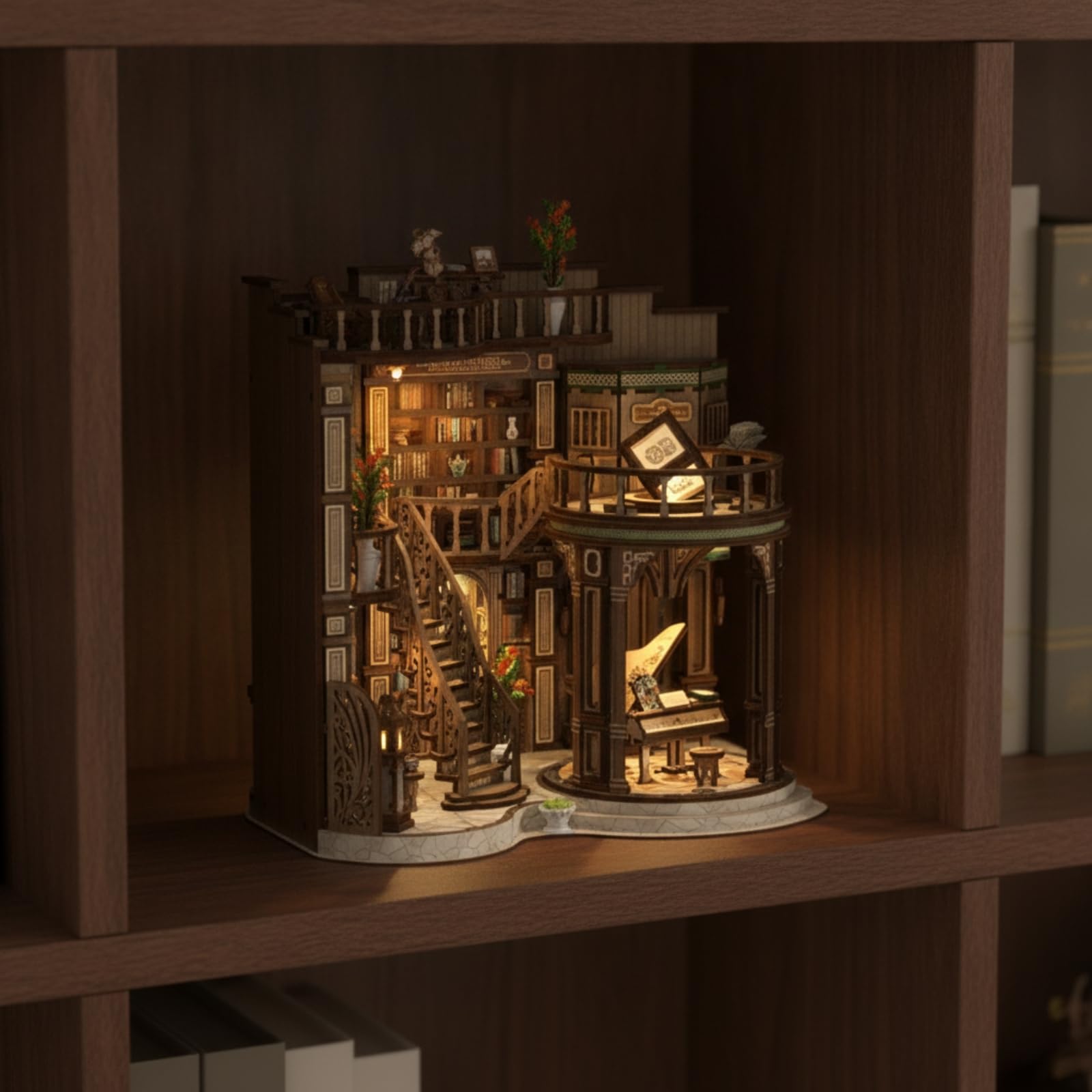 Gitohoni Diy Buchstützen Bausatz Miniatur Buchladen Modell Bastelset Holzbausatz Dekoratives Regal Zubehör mit Warmem Licht aus Holzfaser für Bücherregal Kinderzimmer Wohnzimmer