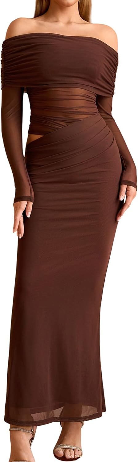 KUTUMAI Women Off Shoulder Long Sleeve Maxi Dress Cutout Mesh Ruched Bodycon Formal Wedding Guest Dresses