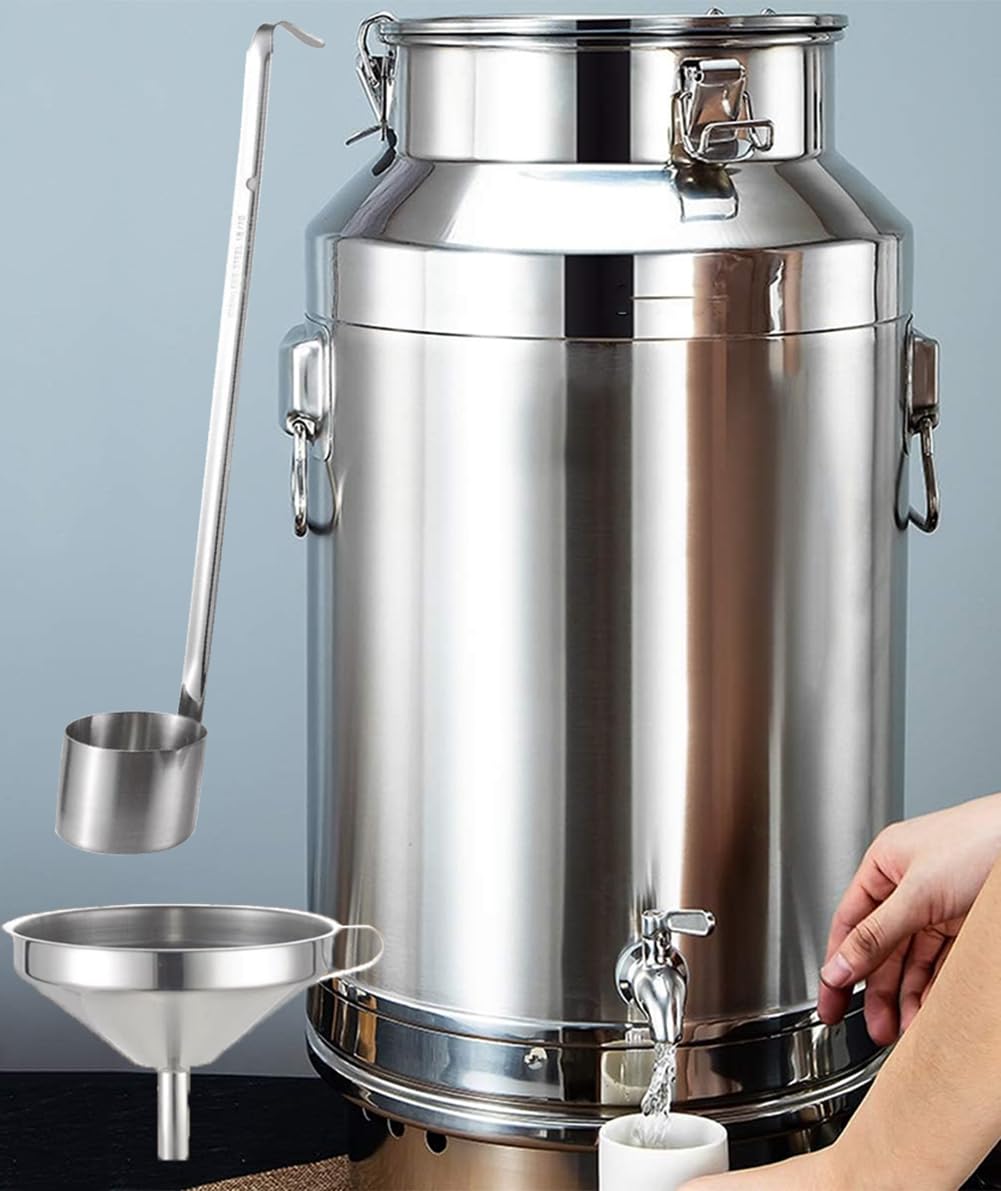 JYBNBBE Stainless Steel Wine Milk Can with Faucet 15L Liquid Storage Container Sealed Lid Wine Pail Bucket Jug Durable Silver Tote for Home & Parties (Silver 20L/5.2Gallon)