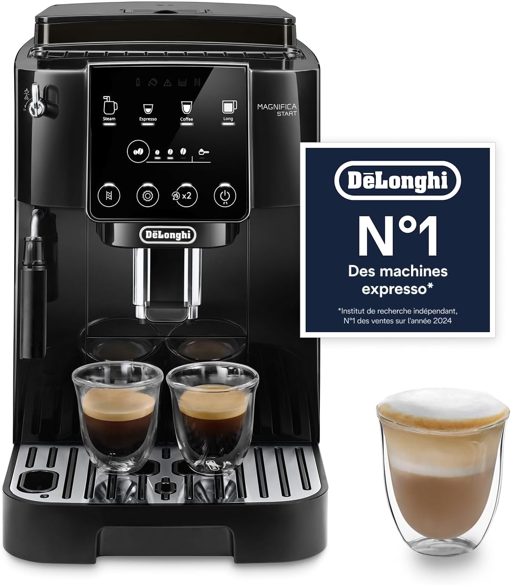 De’Longhi Magnifica Start - Perfetto Machine à Café Automatique avec Mousseur à Lait Manuel, 4 Boissons en une Seule Touche pour Espresso et Cappuccino, Commandes Soft Touch, Noir (ECAM222.20.B) 7 Fonctions Noires