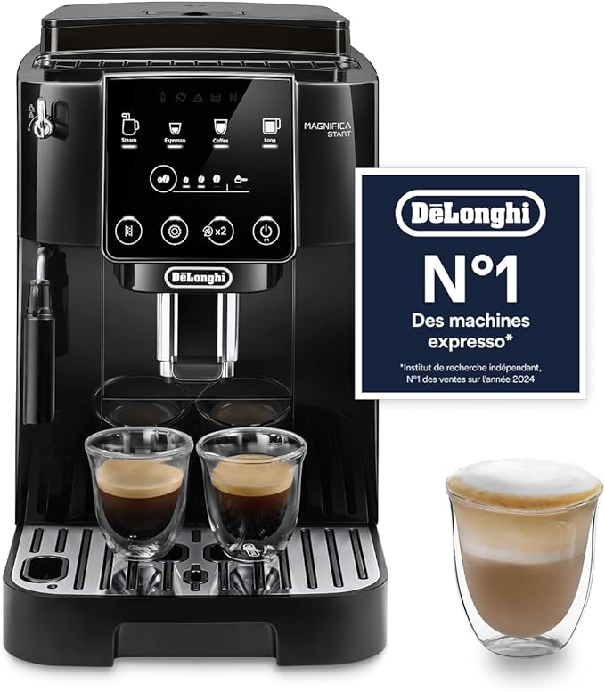 De’Longhi Magnifica Start - Perfetto Machine à Café Automatique avec Mousseur à Lait Manuel, 4 Boissons en une Seule Touche pour Espresso et Cappuccino, Commandes Soft Touch, Noir (ECAM222.20.B)