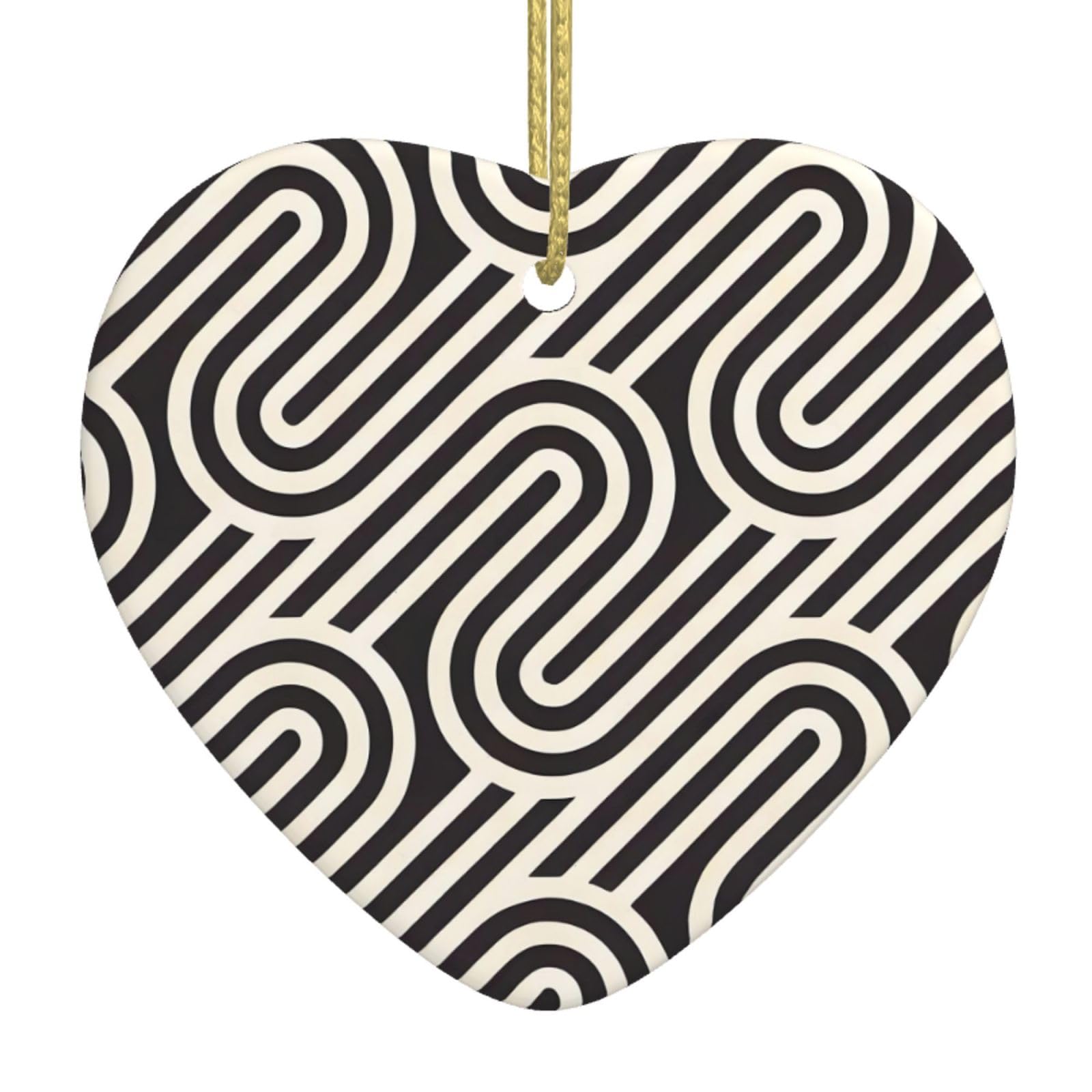 Black Curved Texture Ceramic Christmas Heart Pendant with Silk Thread, Christmas Tree Home Decoration