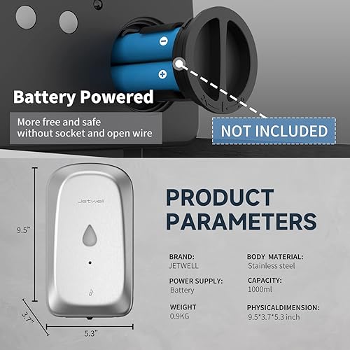 Miniatura 5 de JETWELL Dispensador automático de jabón de manos sin contacto para montaje en pared, funciona con pilas, cubierta de acero inoxidable cepillado,