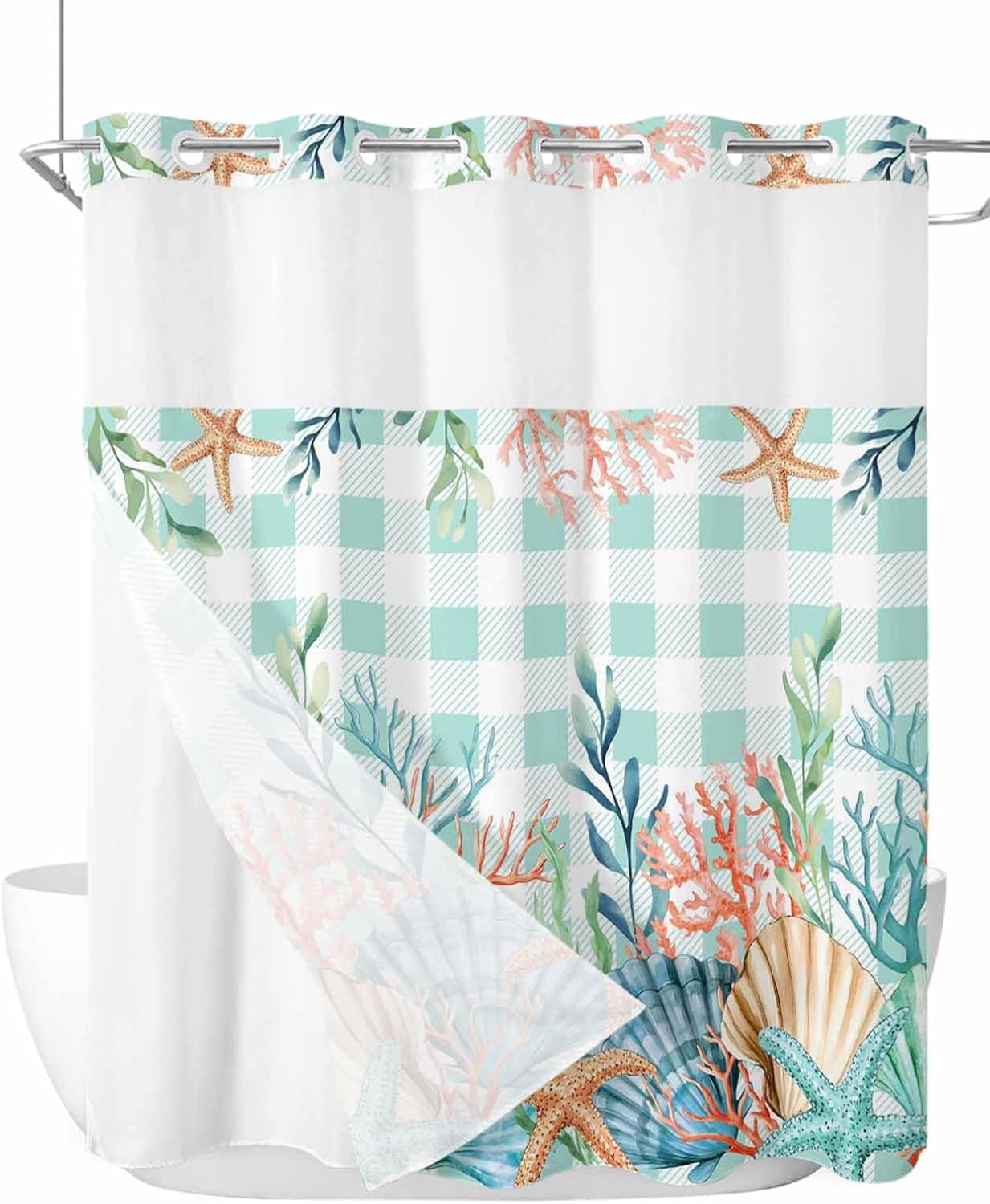 No Hook Shower Curtain, Summer Coastal Long Bathtub Curtains with Snap in Liner, Watercolor Corals Shells Starfish Green Plaid Waterproof Washable Fabric Bathroom Curtain Sets, 72" x 78"