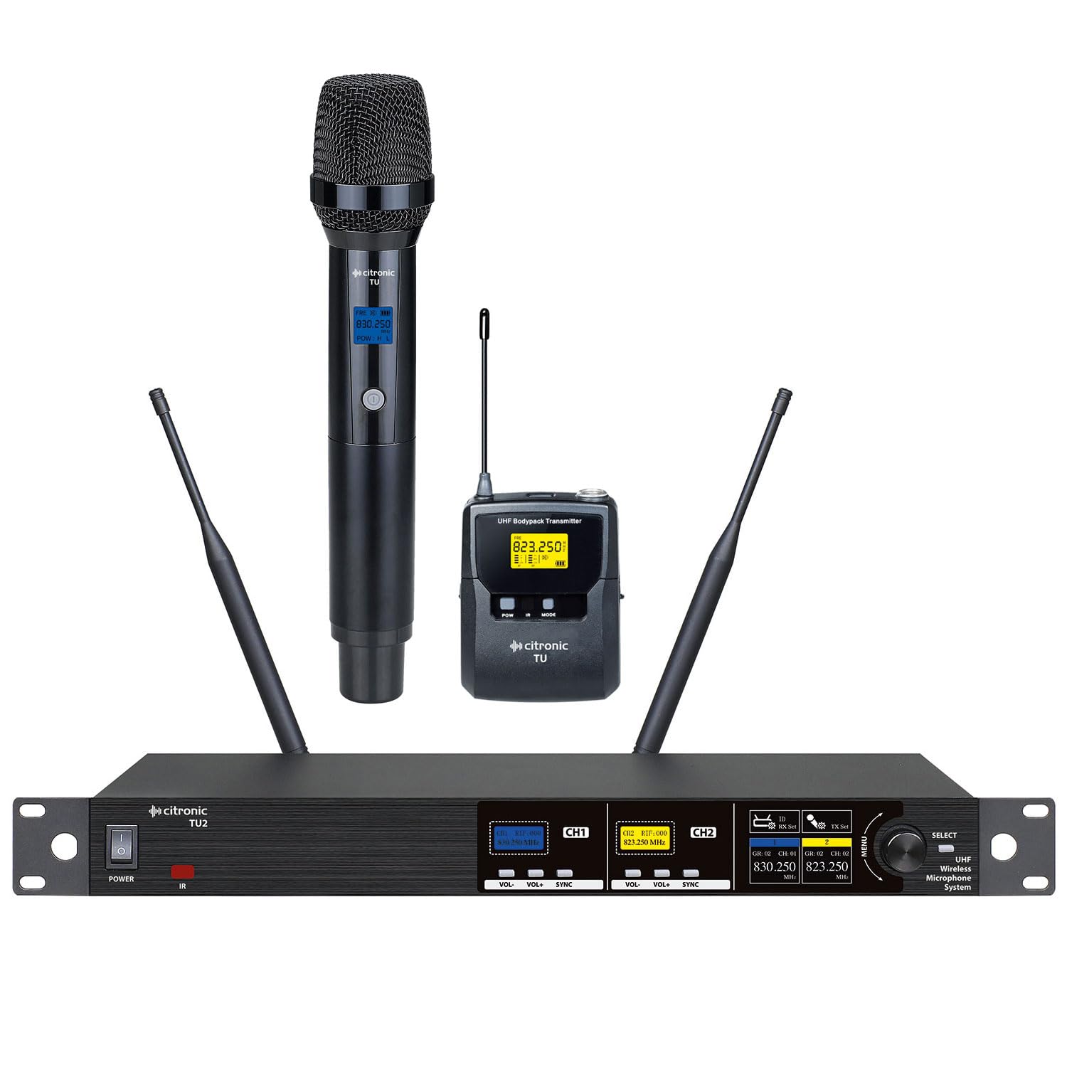 Citronic | TU2 Dual UHF Wireless Microphone System PLL Tuneable 1 Handheld Mic + 1 Bodypack Headset & Lavalier Set for Karaoke, PA, Singing & Events