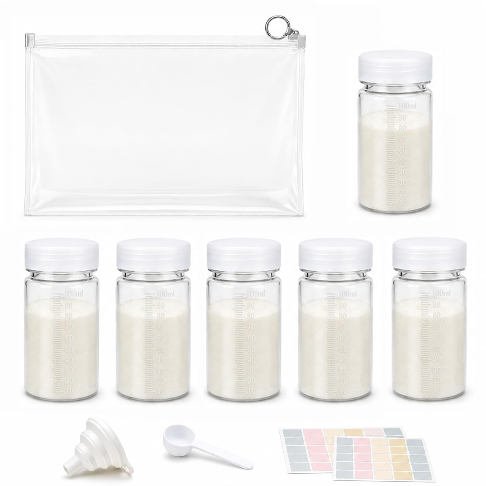 Raoletin Protein Powder Container 6 Pack 100ml Clear Protein Powder Storage Travel Set with Pocket, Funnel, Spoon and Labels, Portable Formula Powder Dispenser Pots for Gym, Fitness, Commute