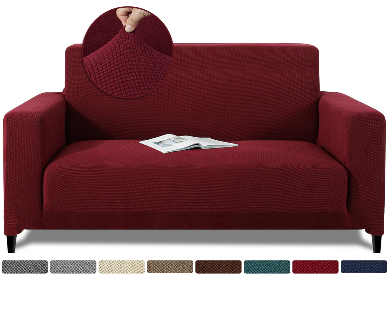Jaotto Funda de Sofá 2 Plazas Elasticas Funda para Sofa Ajustables in Jacquard Cubre Sofa Suave y Grueso Lavables con 2 Fundas de Almohada Protección Sofa para Mascotas,Jacquard#Vino Rojo