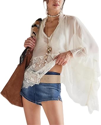 Women Mesh Sheer Shirt Poncho Tops Long Sleeve Ruffle Hem See Through Casual Chiffon Blouse Y2k Going Out Tops