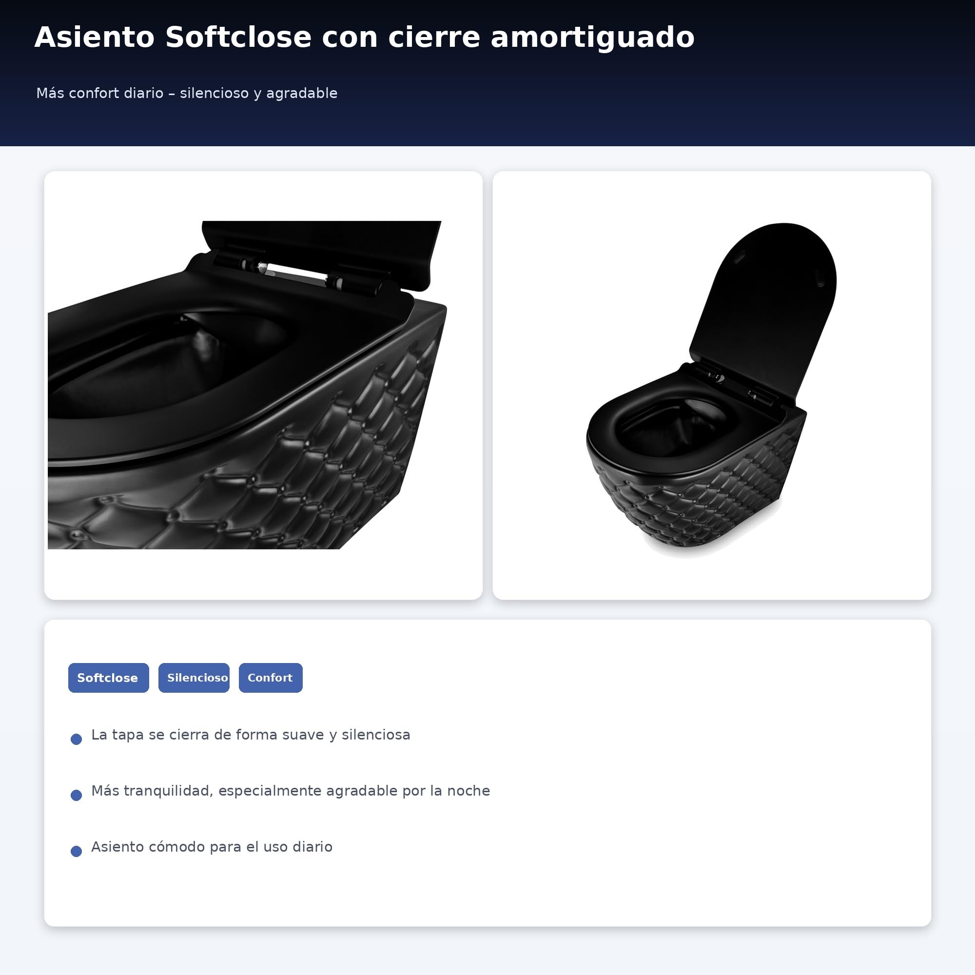 Inodoro colgante negro mate, pared inodoro sin bordes, con asiento de cierre suave