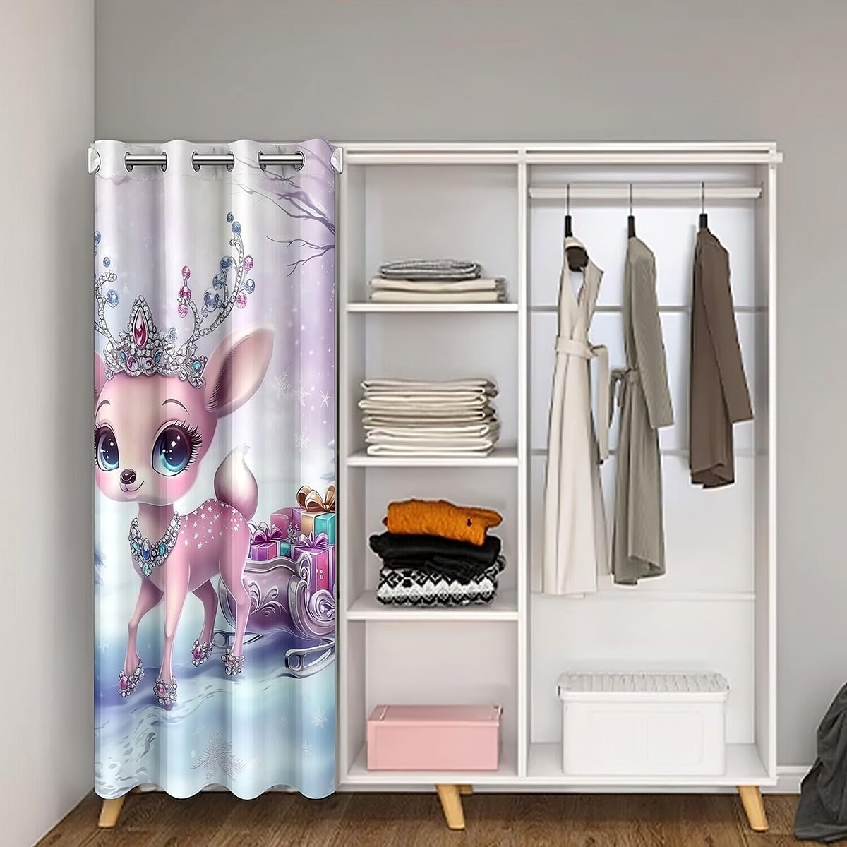 Purple Christmas Door Curtain for Doorway Privacy Xmas Reindeer Cute Deer Blackout Curtain for Kids Teens Girls Christmas Animal Door Drape Princess Girly Cute Deer Room Divider Decor,52"W X 80"L
