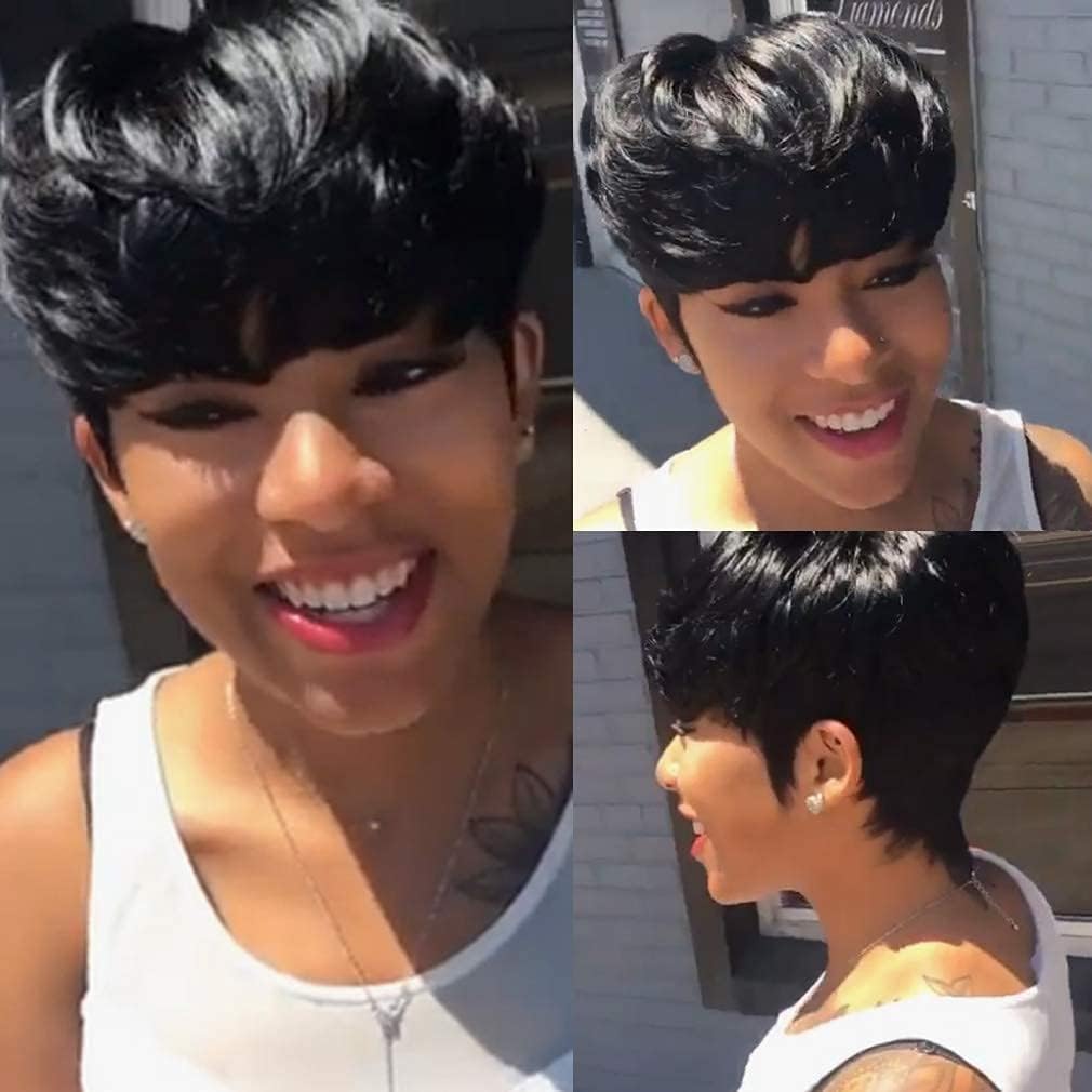 VCK Short Layered Human Hair Wigs - Black Women's Pixie Cut with Bangs, Glueless Brazilian Virgin Full Machine Made Wig