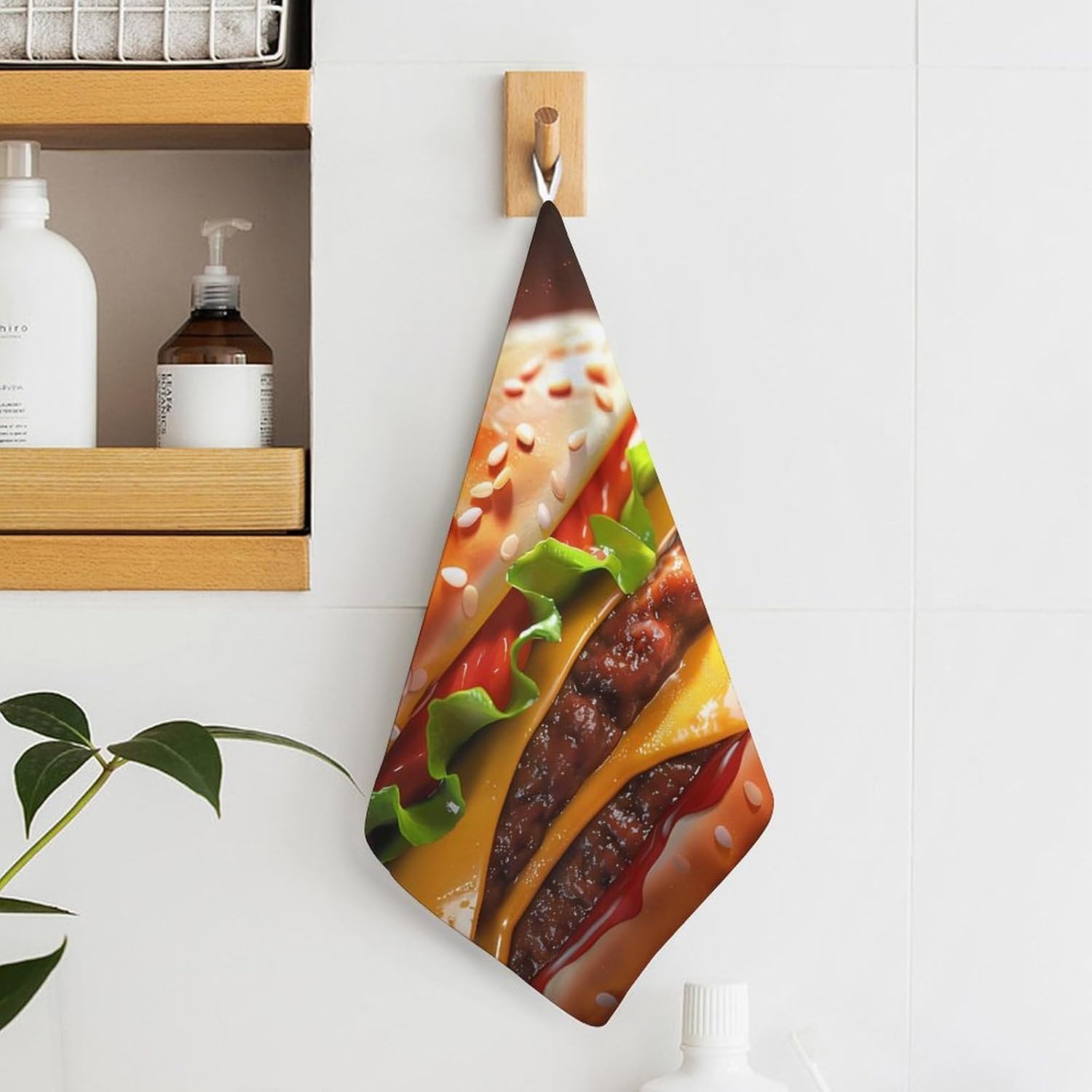 Cheeseburger Fast Food Pattern Hand Towels for Bathroom Kitchen Towels Small Towel Handkerchiefs with Hanging Loop 4PCS