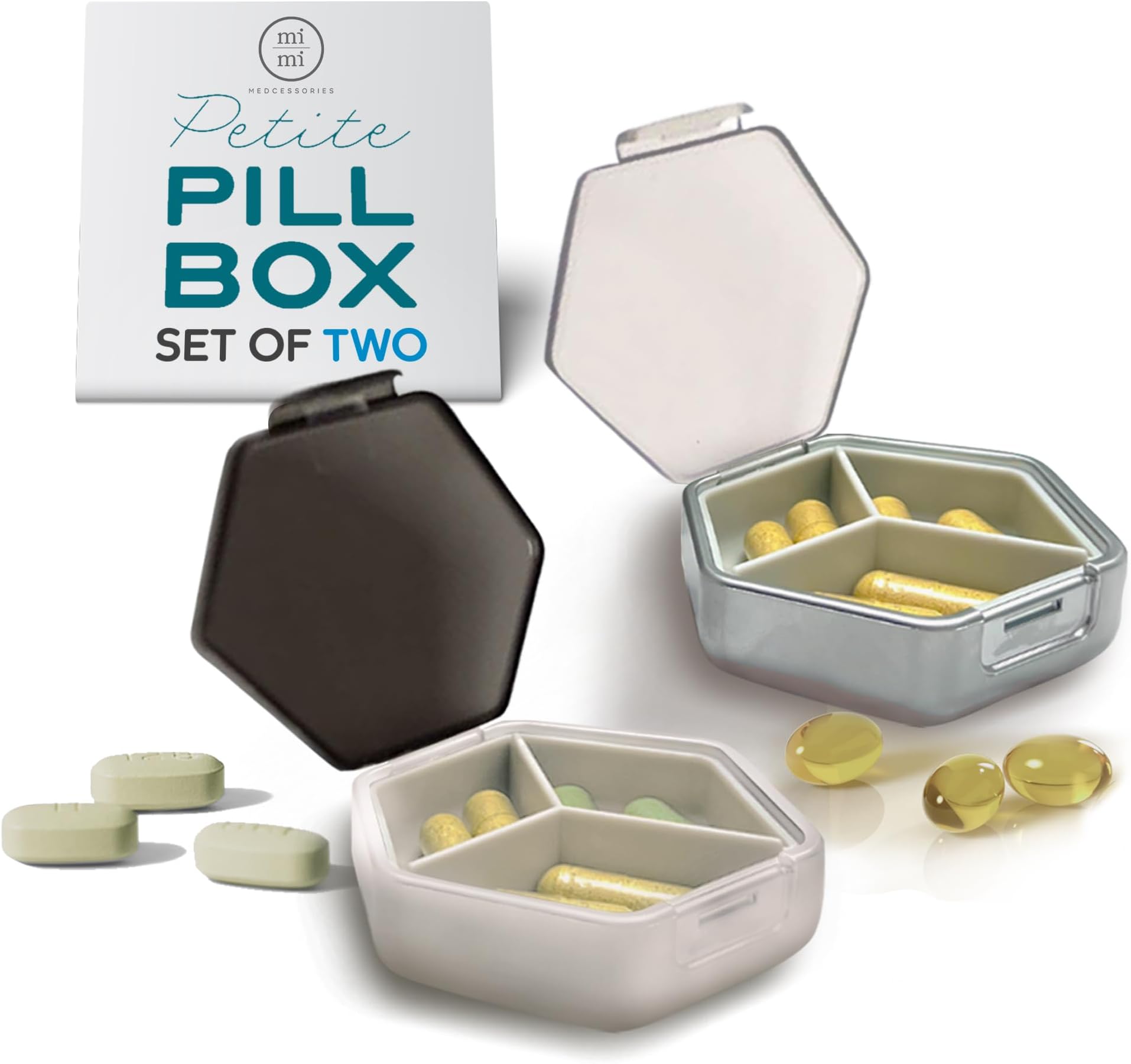 Mimi Medcessories Petite Pillbox | Set of 2 | Pocket Size | Travel Pill Organizer | Ideal for Purse, Briefcase or Backpack | Blanc and Platinum