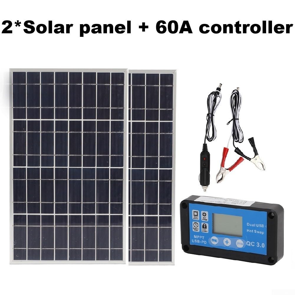 Pannello Solare incorniciato, modulo in Silicone policristallino da 12 V 24 V con Controller Impermeabile 60 A per Kit regolatore Caricabatterie per Batteria (2 Pannelli + 60 A)