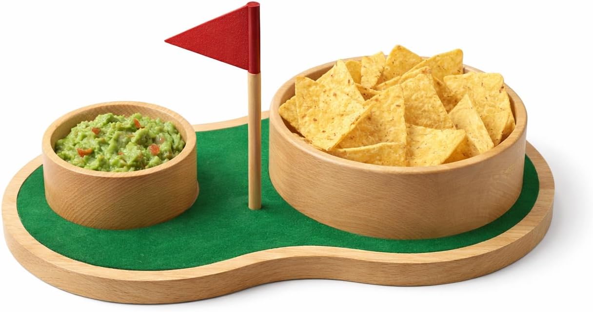 Golf Chip and Dip Bowl Serving Set - Wooden Putting Green Snack Tray with Pin Flag, Funny Novelty Gifts for Men Golfers Dad, Father's Day Birthday Game Day Entertaining