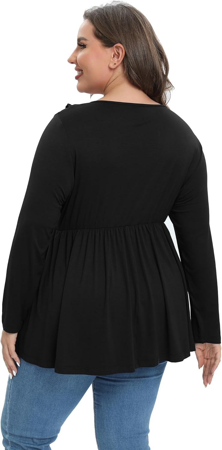 Womens Plus Size Long Sleeve Fall Tops Ruffle Wrap V Neck Pleated Shirts Dressy Casual Loose Tunic Blouse - Image 4