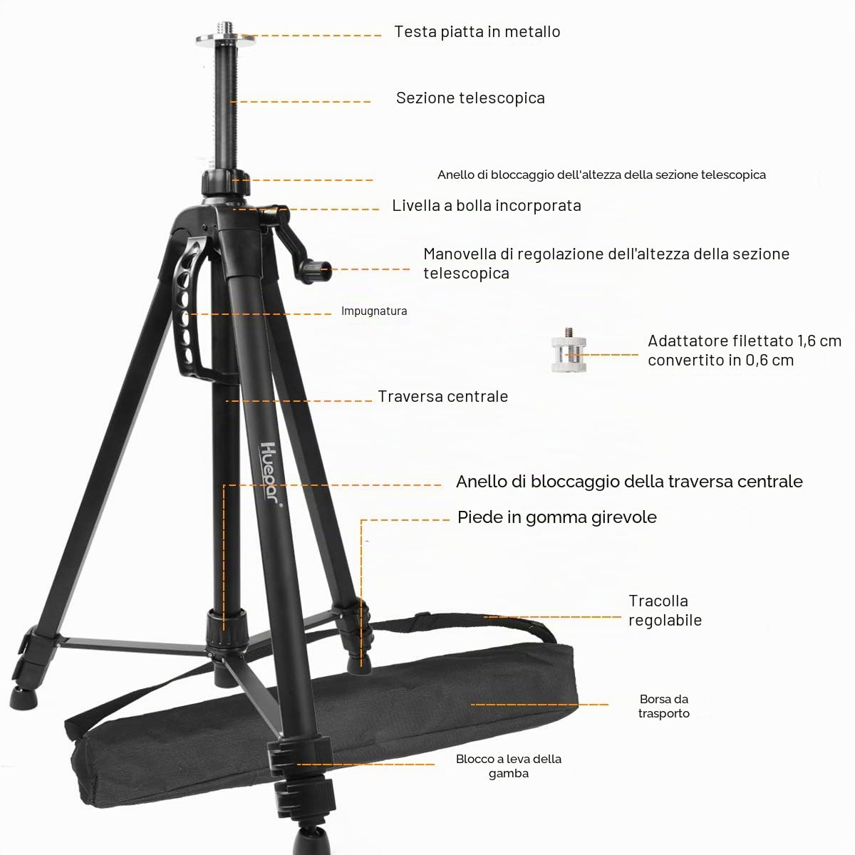 Huepar Treppiede 1,6 m Treppiede in alluminio per livella laser, con livella a bolla, con filettatura maschio da 5/8 "-11 e adattatore per vite da 1/4" -20, Borsa per il trasporto inclusa - TPD16
