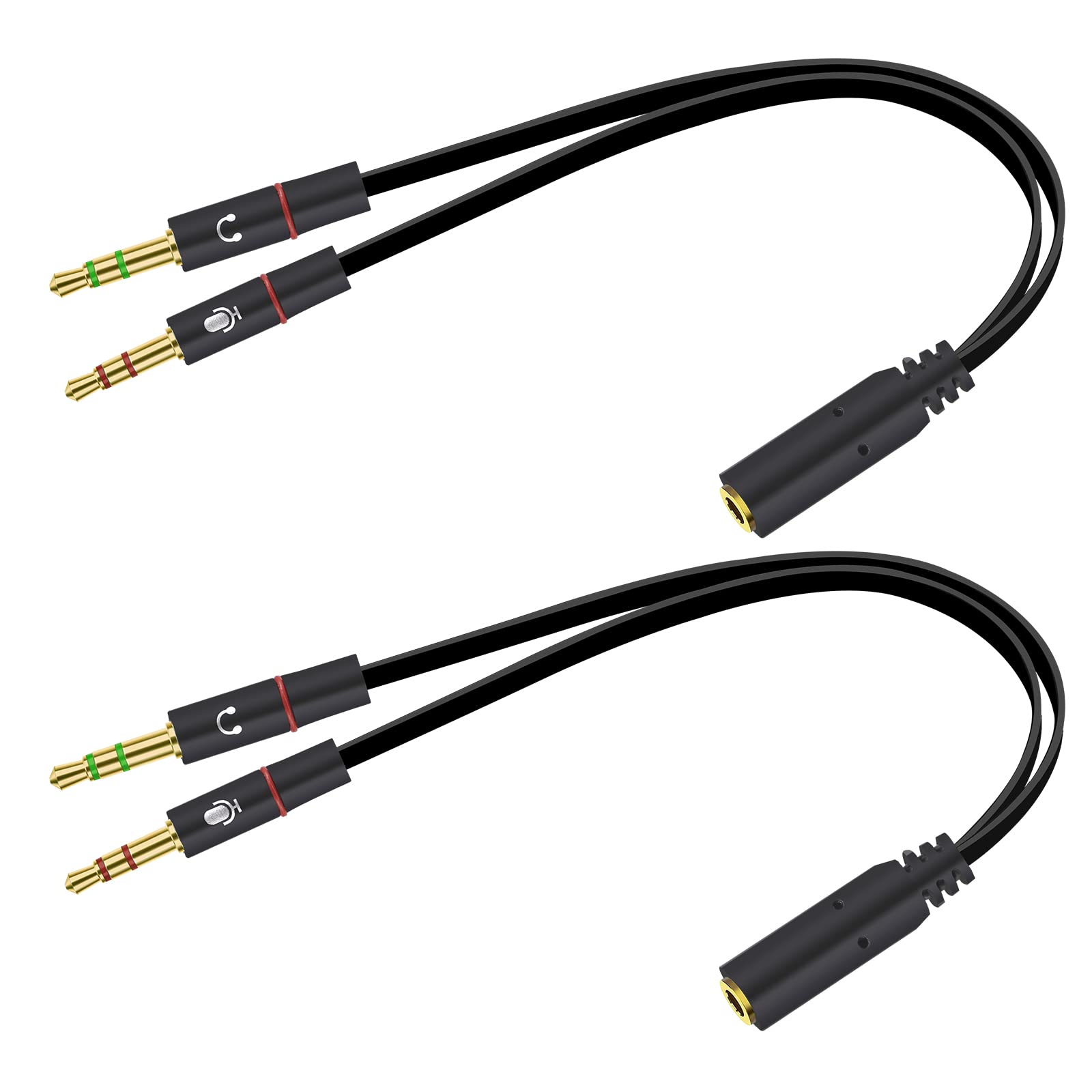 Headphone Splitter 3.5mm Mic Audio Stereo Cable for Computer - Headset Y Splitter Extension Cable，3.5mm female to 2 dual 3.5mm male Microphone and Earphone Jack to PC Laptop Tablet Port 2 Pack (Black)